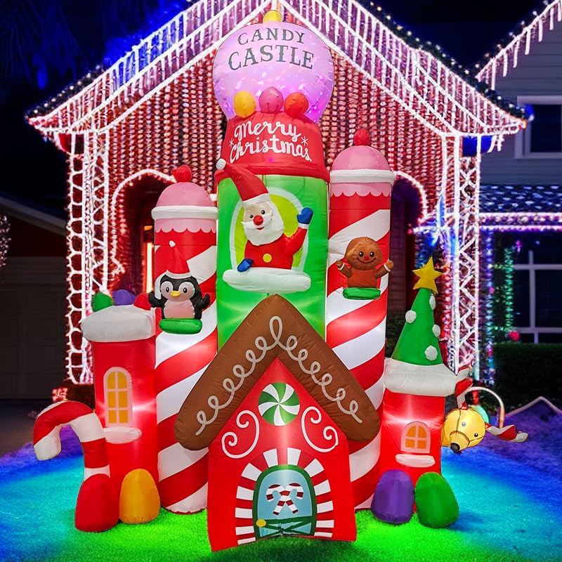 10FT Lighted Giant Inflatable Christmas Castle- Christmas Inflatables Santa's House, Castle Candy Santa Reindeer Gingerbread Penguin for Christmas Yard Garden Outdoor Indoor Home Decoration
