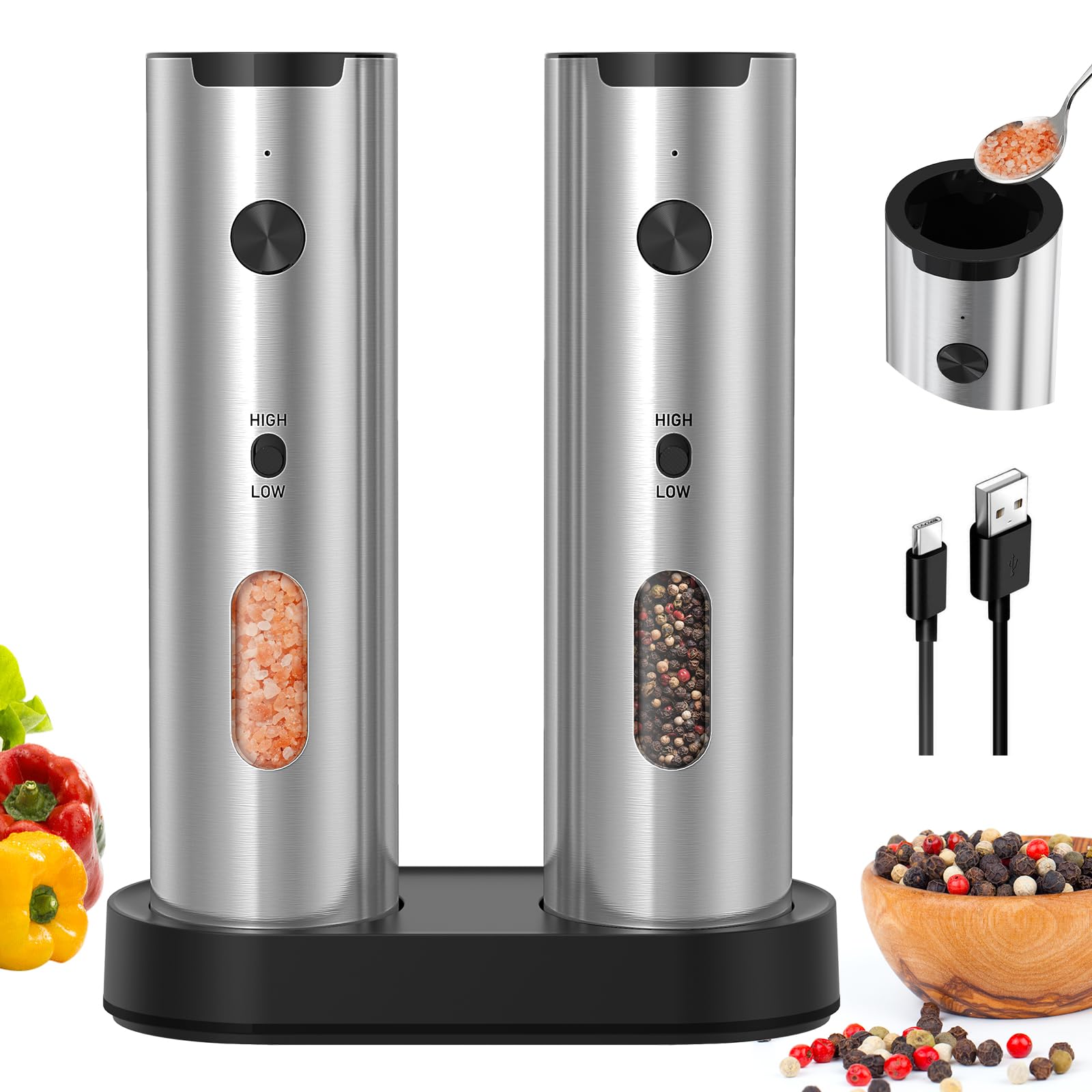 CIRCLE JOY Rechargeable Electric Salt and Pepper Grinder Set, 2-speed Stainless Steel Automatic Pepper Mill Grinder w/Charging Base, Adjustable Coarseness, LED Light, 110ml Large Capacity Top Fill