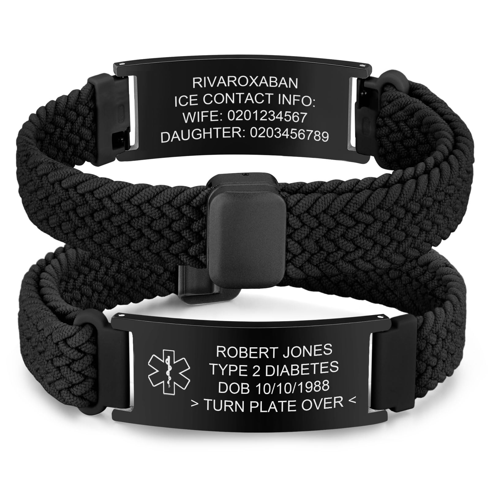 VNOX Medical Alert Id Bracelet for Men Women, Custom Engraving Elastic Braided Stretchy Loop Emergency Survival Medic Bracelets Wristband Loop Band with Removeable Tag