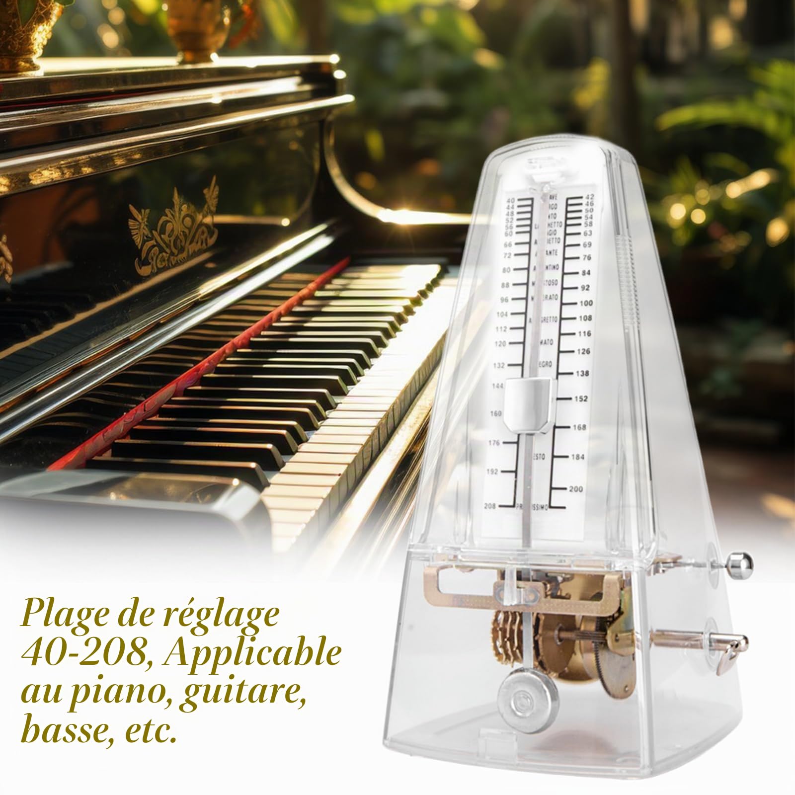Métronome mécanique transparent Métronome mécanique pour piano, guitare, ukulélé, violon et chromatique, son fort, haute précision Track Beat et Tempo