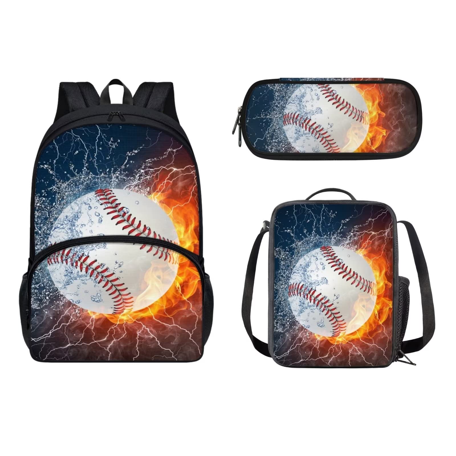 Dolyues Juego de bolsas escolares para niñas y niños, bolsa de libros de escuela primaria con bolsa de almuerzo y estuche para lápices, 3 piezas, Softbol de fuego de agua, Mochila infantil