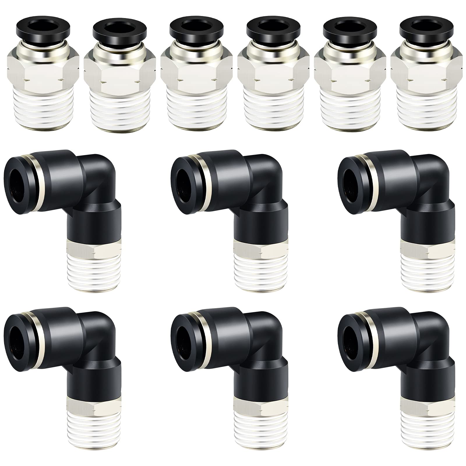 Tailonz Pneumatic Elbow and Straight Combination 1/2 Inch Tube OD x 1/4 Inch NPT Thread Push to Connect Fittings PC-1/2-N2+PL-1/2-N2(Pack of 12)