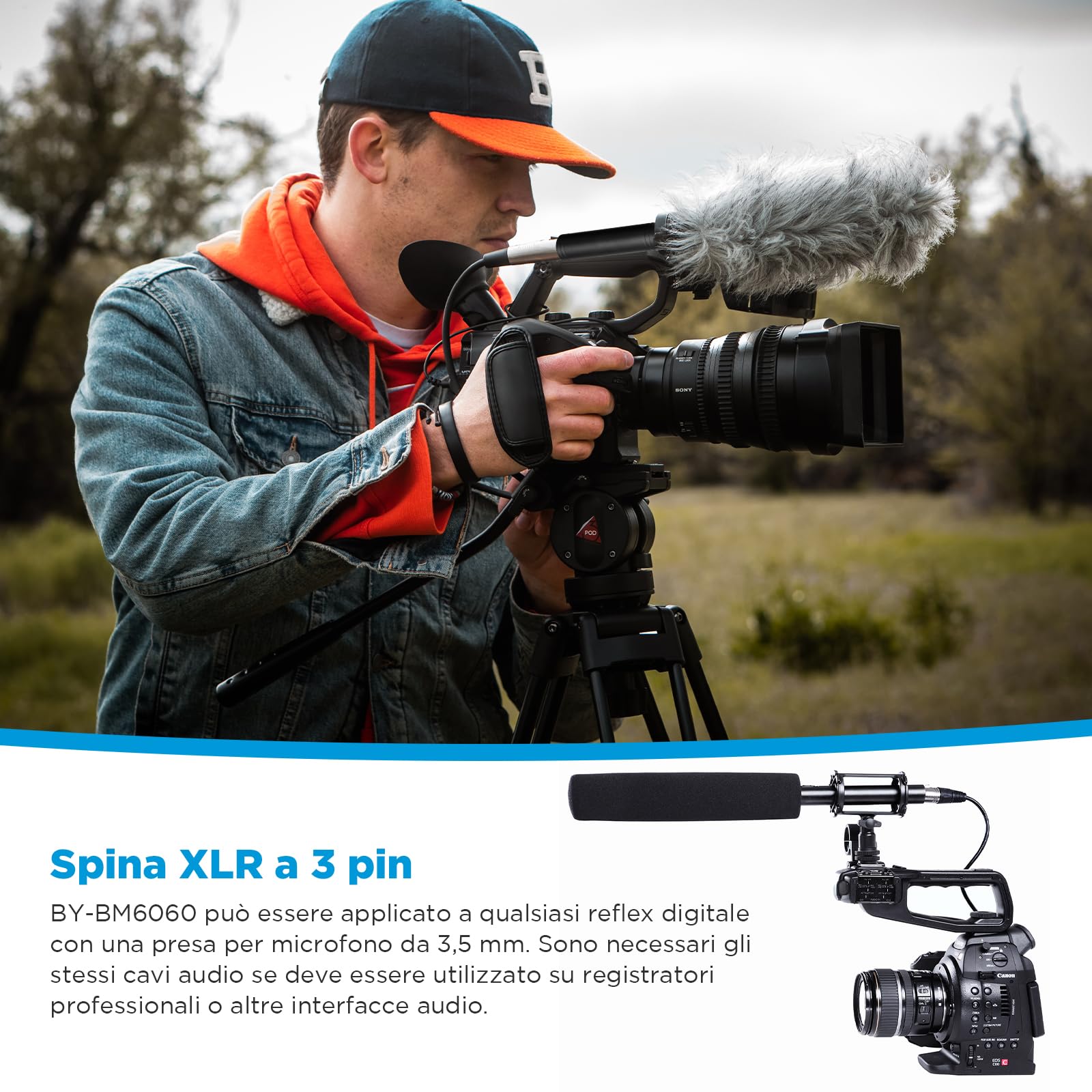 BOYA Microfono XLR Shotgun BY-BM6060 Con Antiurto e Antivento per Fotocamera DSLR - Condensatore Professionale Esterno per Video, Intervista, ENG, Film