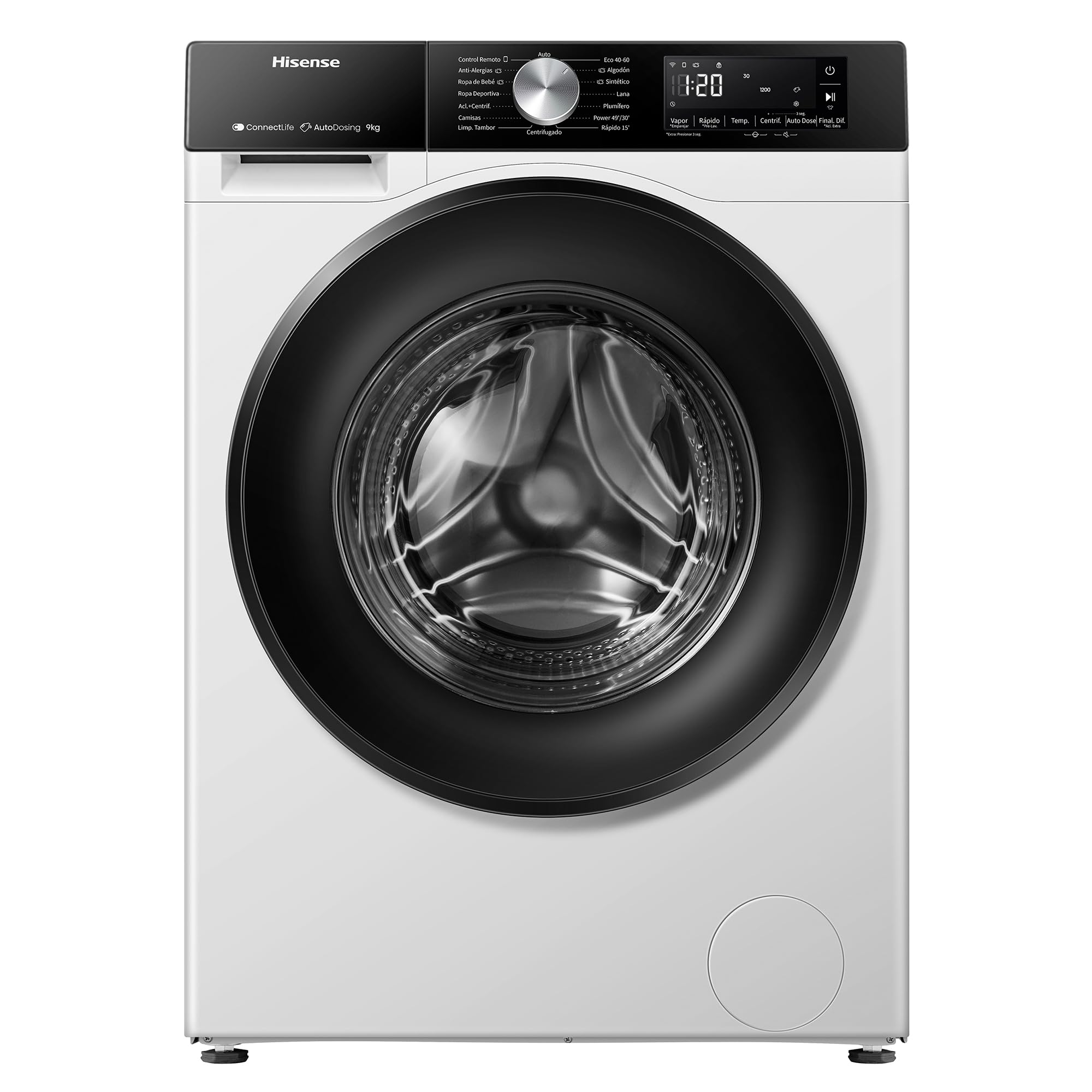 Hisense WF3S9045BW3 - Lavadora con Vapor, Clase A, 9kg, Auto Dosificación, Conectividad WiFi, Función Vapor 99,9%, Lavado Auto Wash, Lavado Rápido 15', PureJet, Blanco