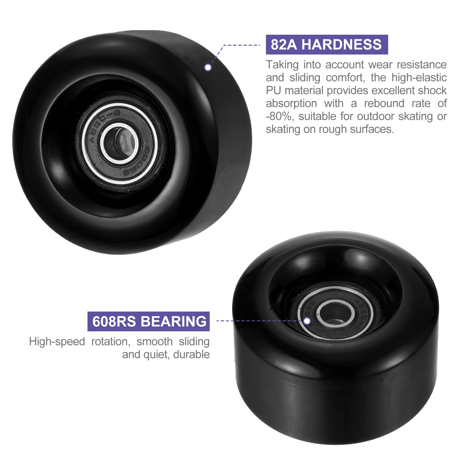 PATIKIL 58mm x 32mm Patines Ruedas con Rodamientos Duraderos, Patineta Frenos, Deterioro-Resistente PU Ruedas Reemplazos para Quad Patines y Monopatín - 1 Juego (Negro)