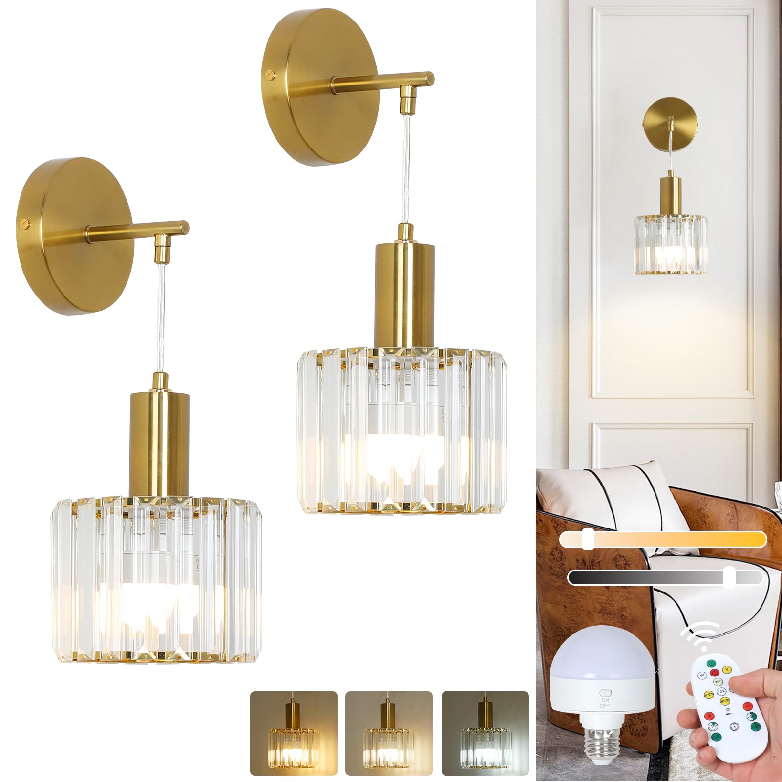Stepeak Battery Operated Wall Lights Set of 2, Wireless Wall Lights Battery Operated with USB Bulb & Remote, Glass Rechargeable Wall Light Indoor, Gold Rechargeable Wall Sconces for Bedroom, Bathroom