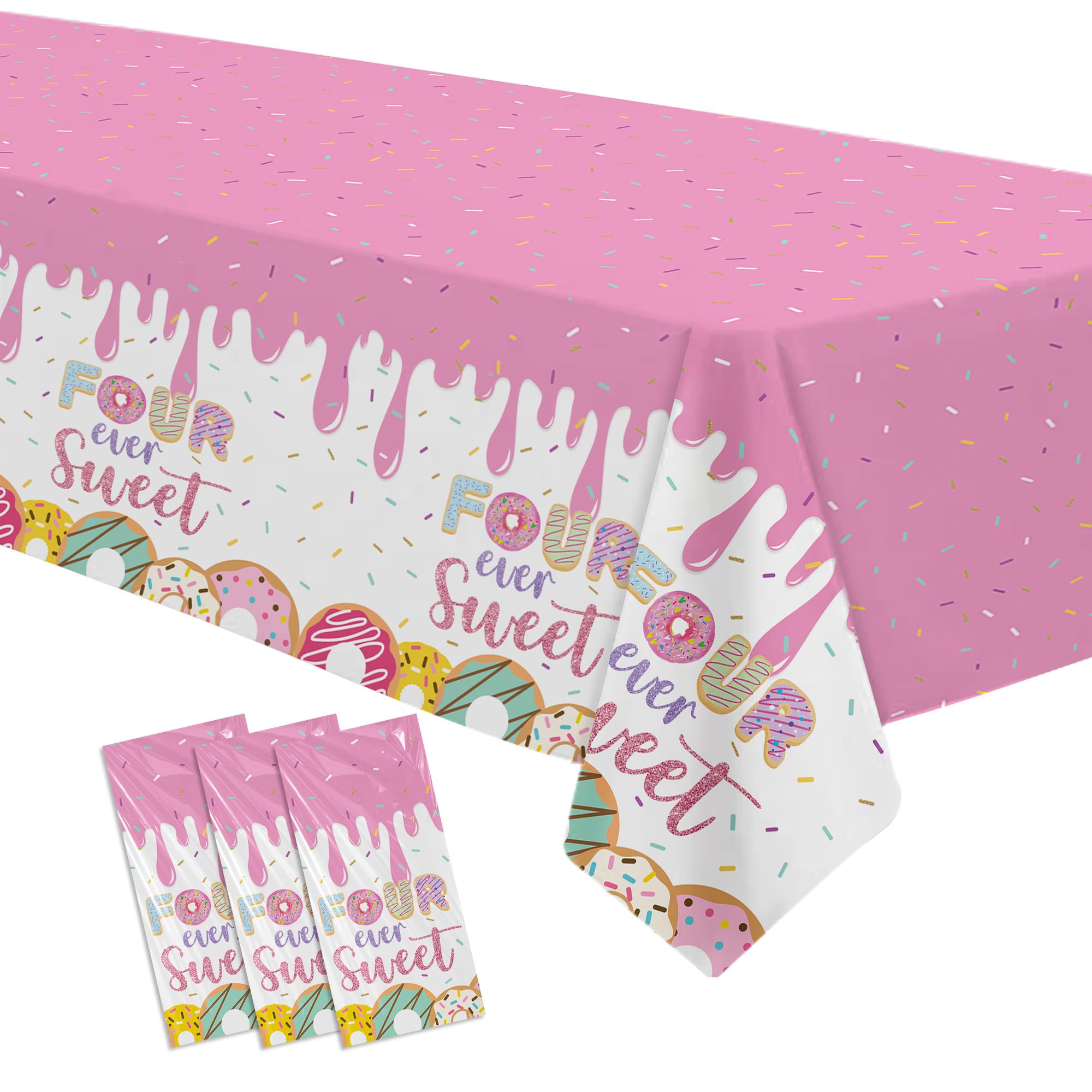 Srua Don Four Ever Sweet Birthday Decorations Tablecloth for Girl, Pink Donut 4th Birthday Party Supplies Table Cover, 3 Pack, 55in x 86in