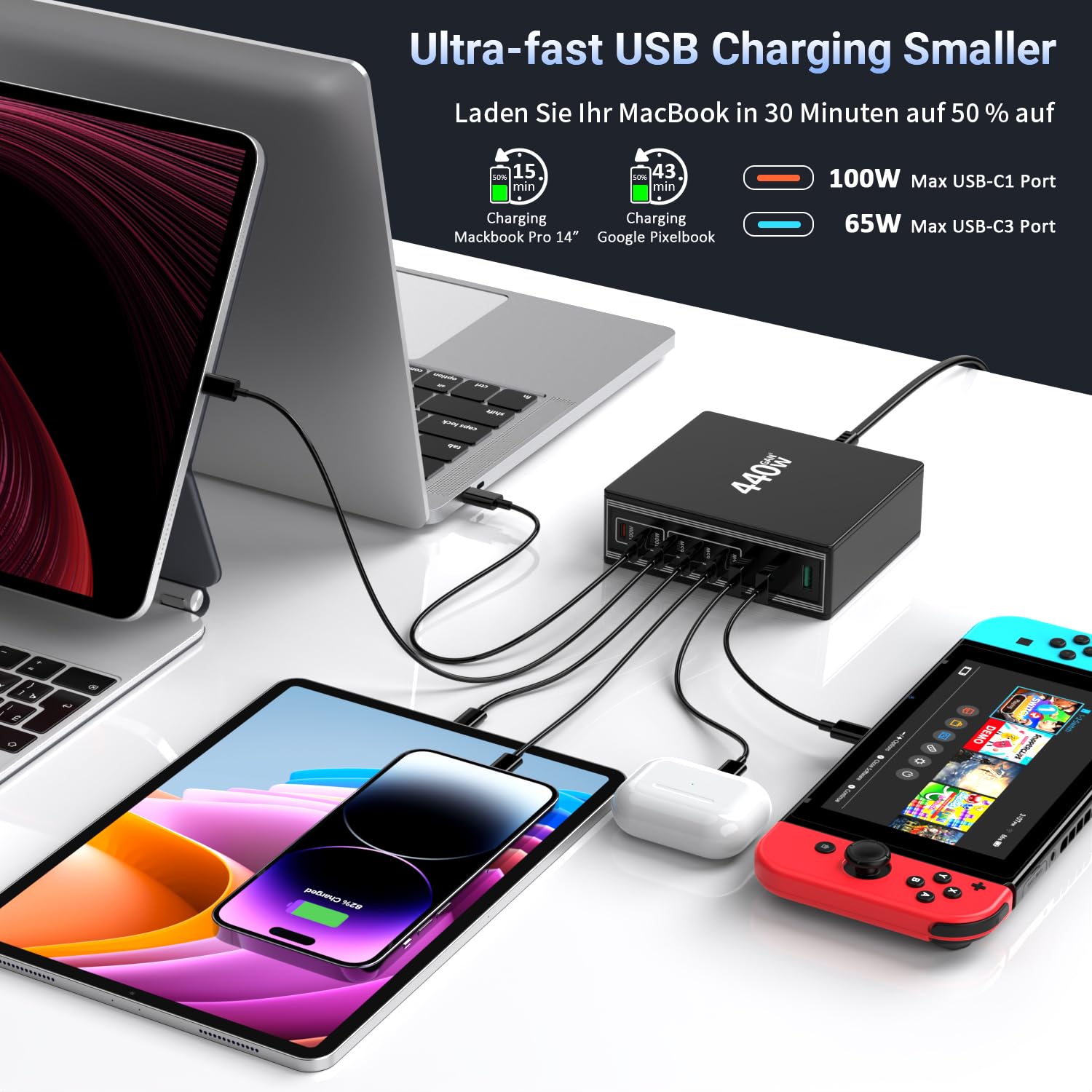 HSSNS Multiplo Caricabatterie 440W With 5 USB-C and 3 USB-A Ports - PD PPS Alimentatore for Laptop, MacBook, iPad, iPhone 16/15/14 Series, Samsung