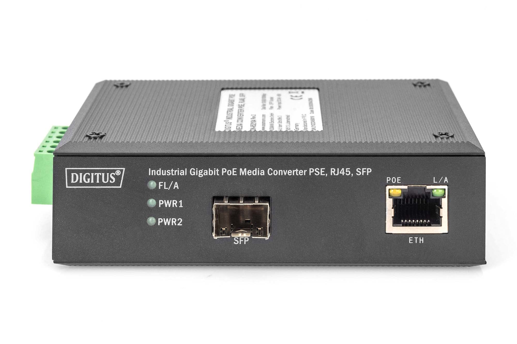 DIGITUS Convertisseur de média DIN-Rail - Port SFP - Ethernet Gbit - RJ45 / SFP 1000Base-X - Avec injecteur PoE - Noir