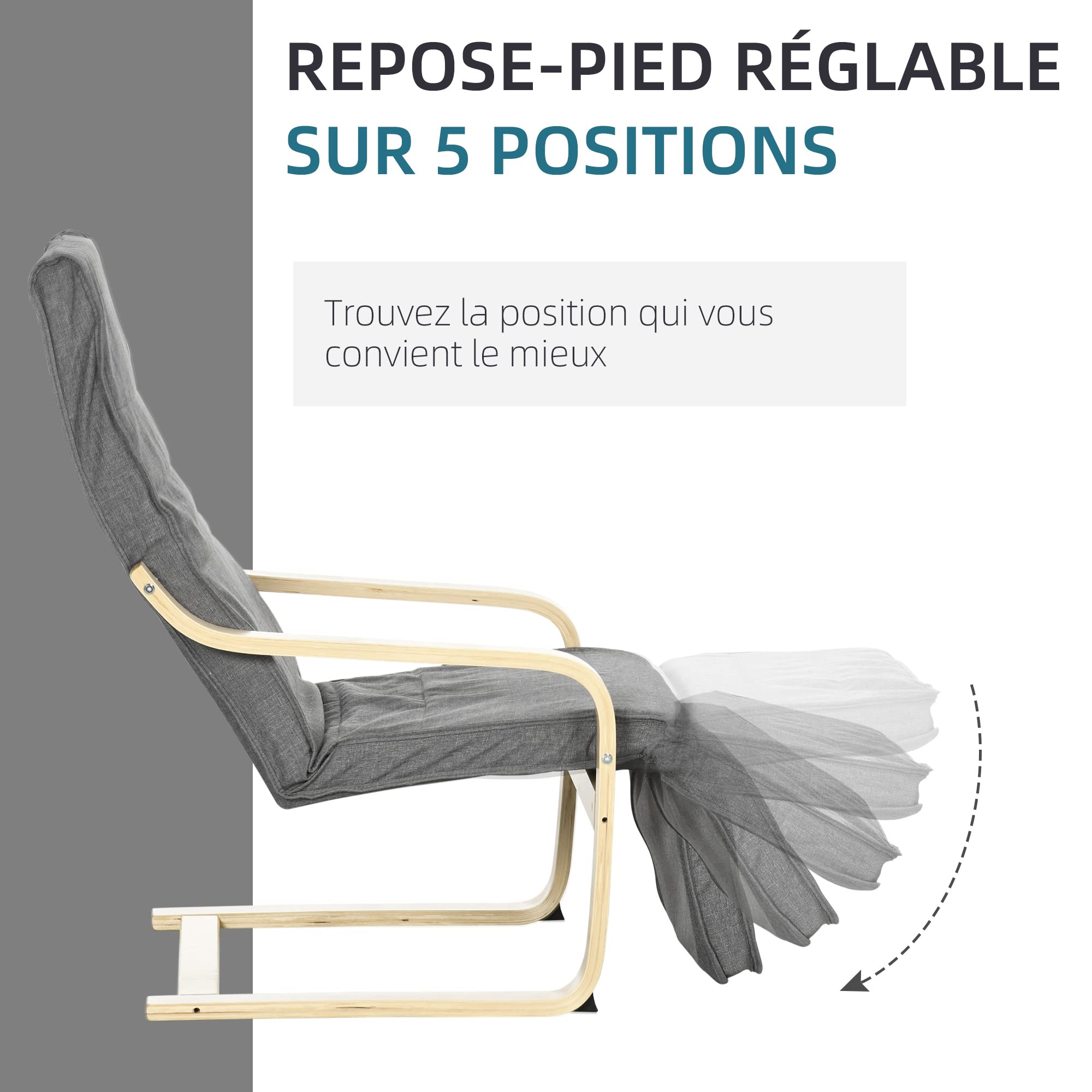 HOMCOM Fauteuil Relax Chaise de Salon avec Repose-Pied réglable déhoussable Confort et Relaxation 94 x 66,5 x 100 cm Bois Massif Gris
