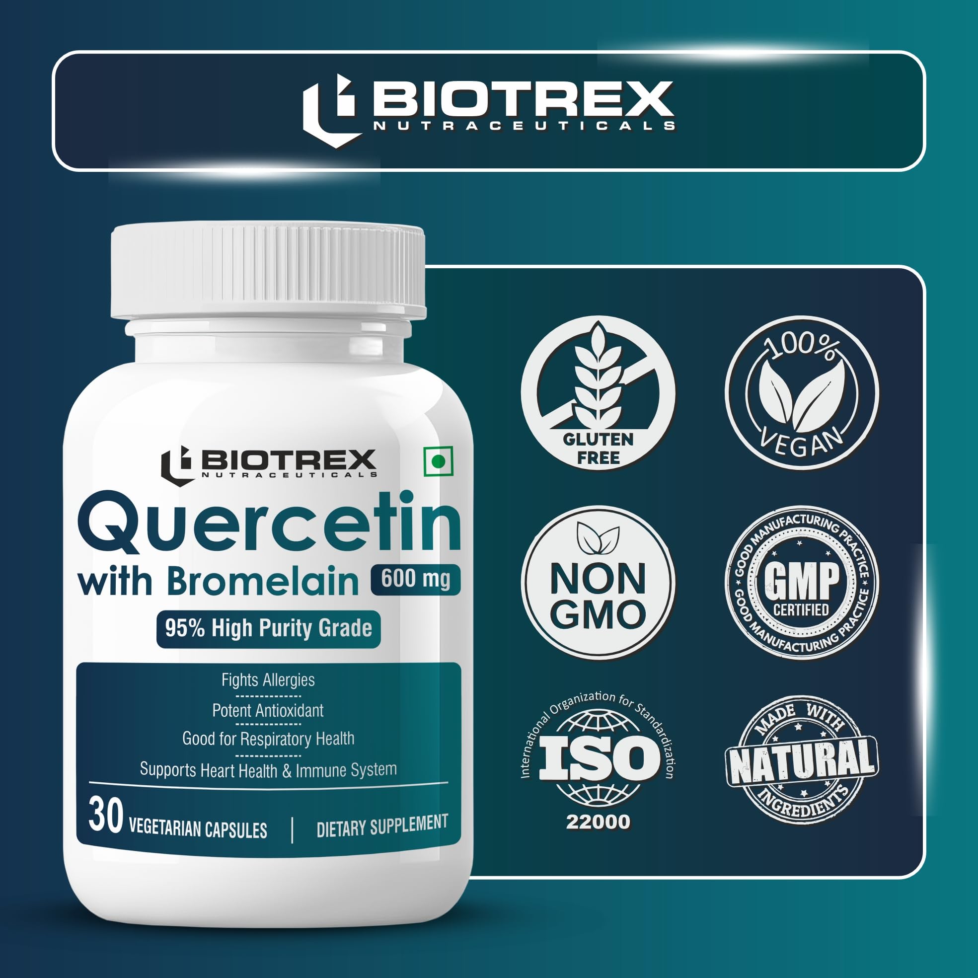 Biotrex Nutraceuticals Quercetin with Bromelain 600mg Better Respiratory Health | Antioxidant | Fights Allergies | Immunity & Cardiovascular Health - 30 Veg Capsules 3