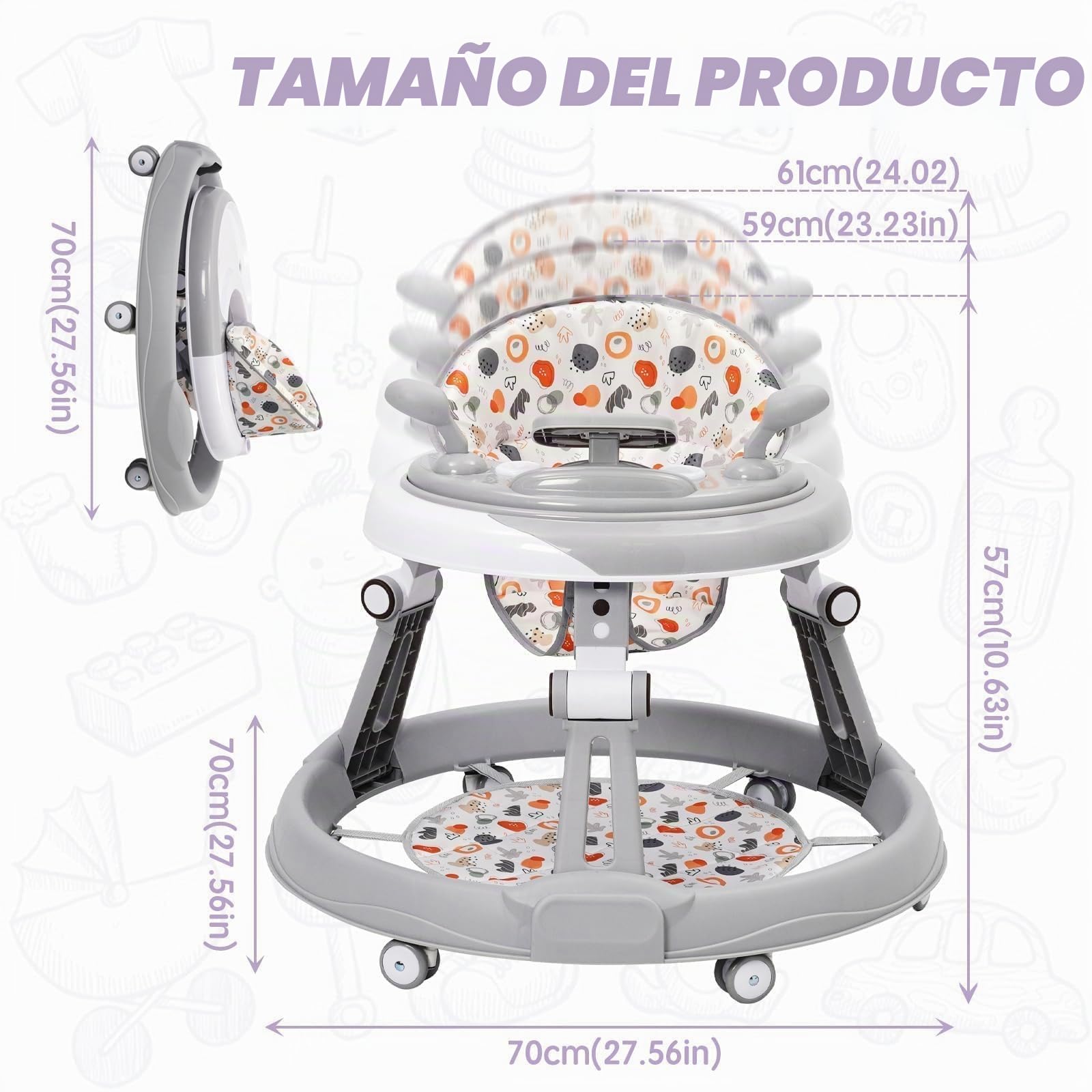 Tacata Bebes con Volante,Juego,Alfombrilla, Chasis Redondo Antideslizante de 6 Ruedas,Plegable Y con 3 Alturas Ajustables,Asiento con 4 Posiciones Ajustables,Andador Para Bebés a Partir de 0+