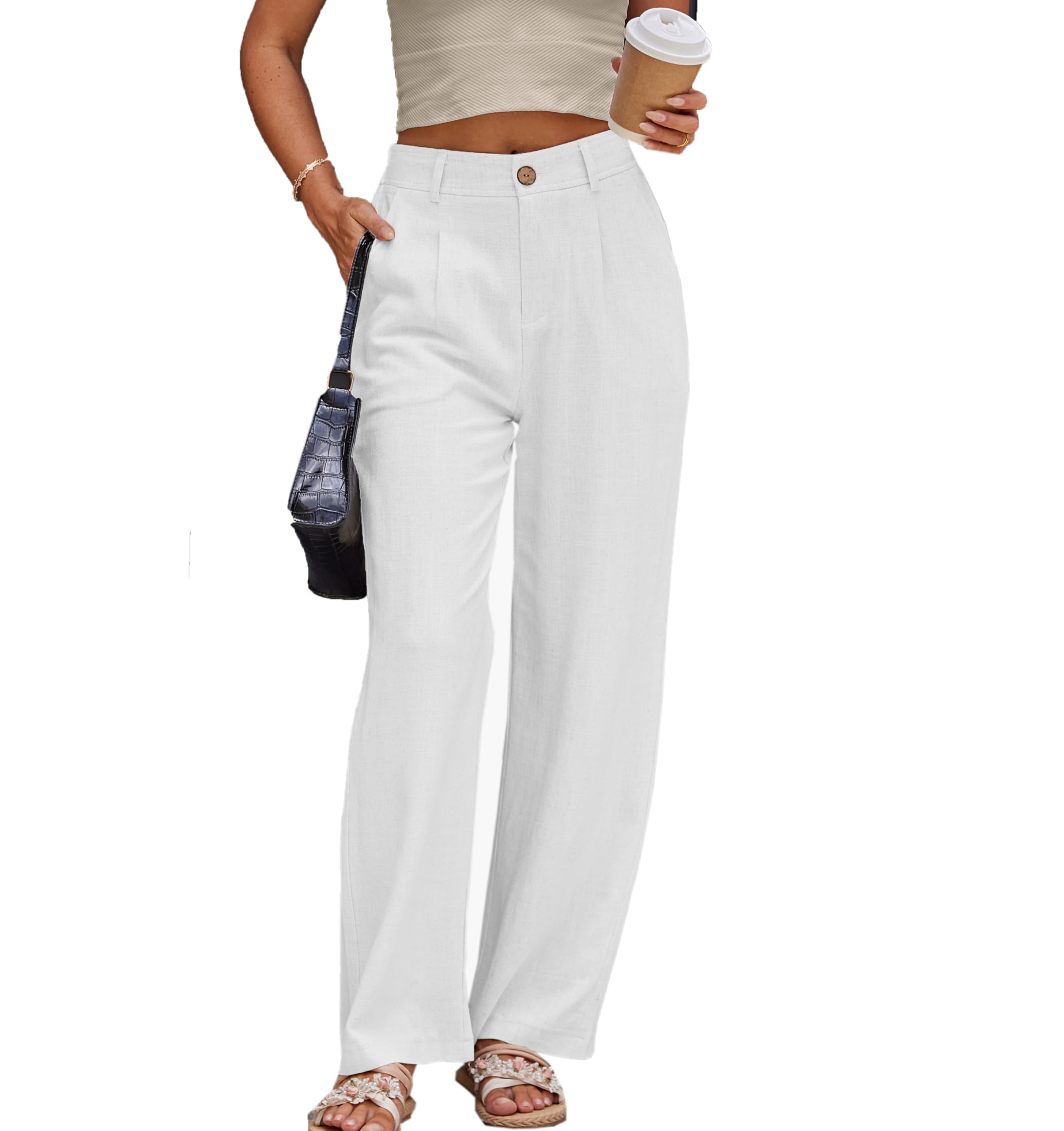 Fakanhui Pantalones de lino para mujer, estilo casual, de verano, negocios, rectos, pierna ancha, de algodón y lino