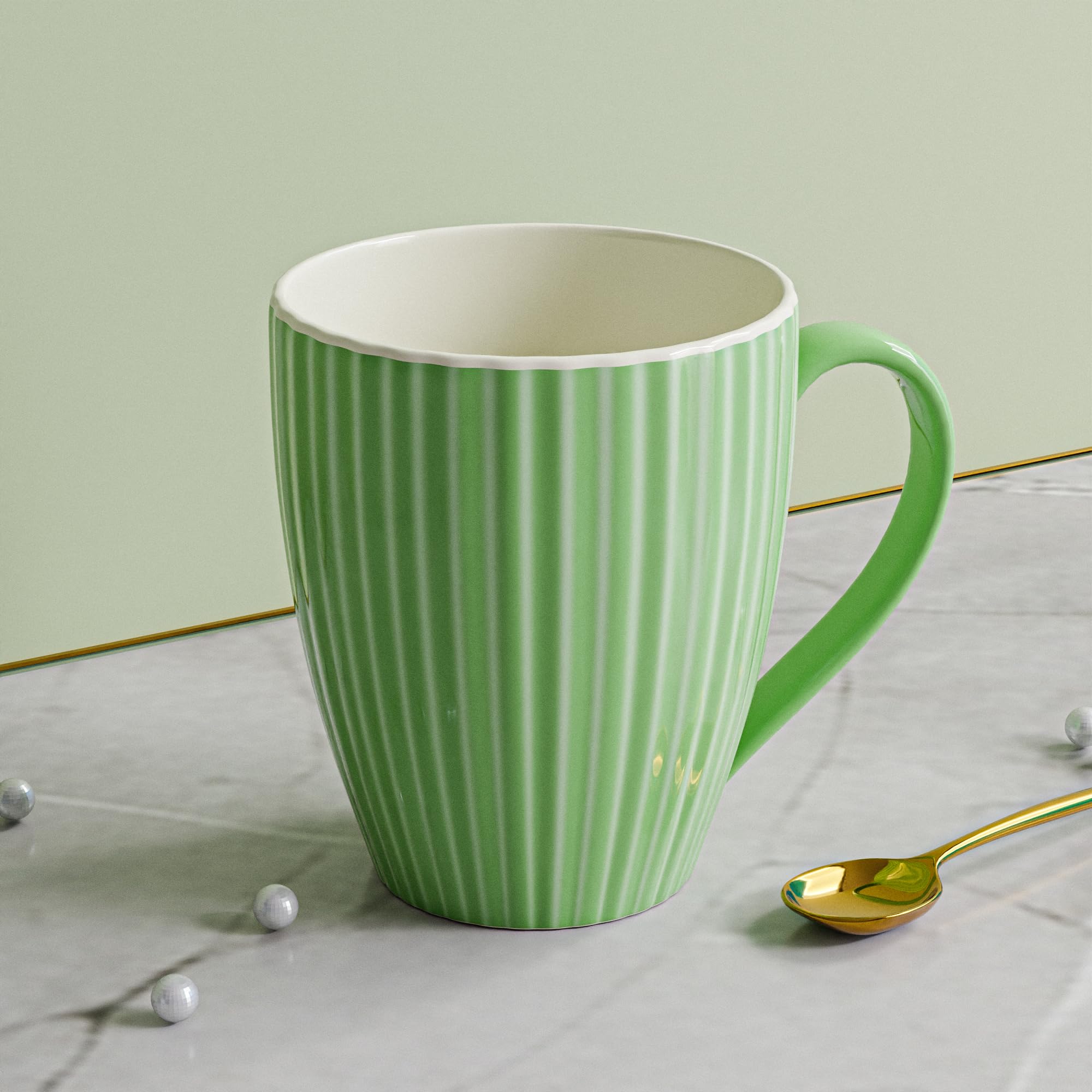 The Earth Store Green Fluted Ceramic Coffee Mug 300ML | Tea Mug | Dishwasher & Microwave Safe | Mugs for Christmas Gift | New Year Gift | Birthday Gift to Best Friends Set of 1