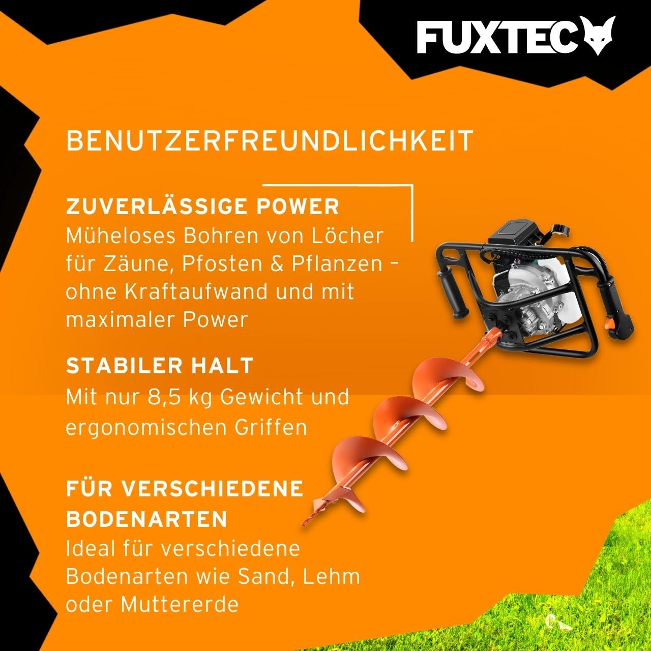 FUXTEC Benzin Erdbohrer FX-EB143ECO, Erdlochbohrer inkl. 2 Bohraufsätzen, 42,7 cm³ 2-Takt-Motor, 100/150 mm Bohrer, für Zaunbau, Garten & Fundament, Fliehkraftkupplung, ergonomisch, 8.5 kg