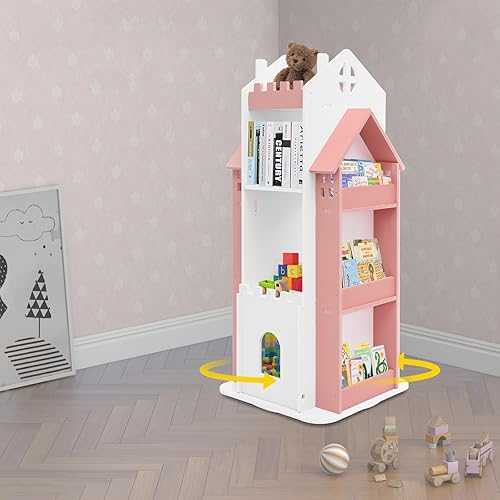 Miniatura 2 de Estantería giratoria para niños, estante giratorio de 360 grados para almacenar libros, libros de fotos, decoraciones, juguetes, obras de arte (rosa