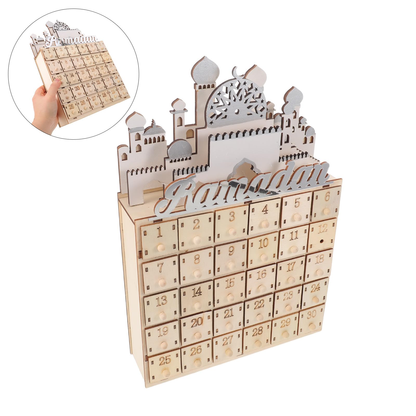 STOBAZA Islamischer Adventskalender mit 30 Kleiner Schubladen und LED Beleuchtung Ramadan Countdown Dekoration für Wohnzimmer und Schlafzimmer zur Familienbindung