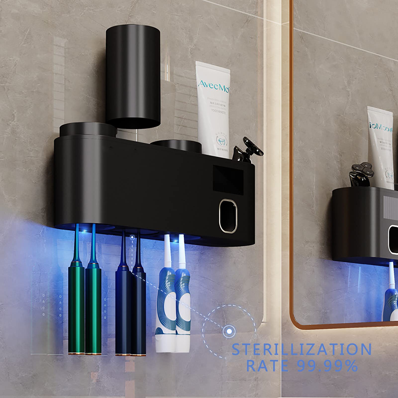 Porta Spazzolino Elettrico, Porta Spazzolino Parete, Porta Testine Spazzolino Elettrico, Sterilizzatore UV per 6 Fessure per Spazzolini Multifunzione Ricaricabile Solare Nero