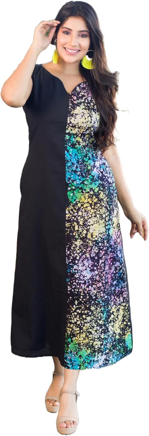 EVOLAA Women’s Maxi Sheath Sleeveless Linen & Batik mixed Party & Casual Dress