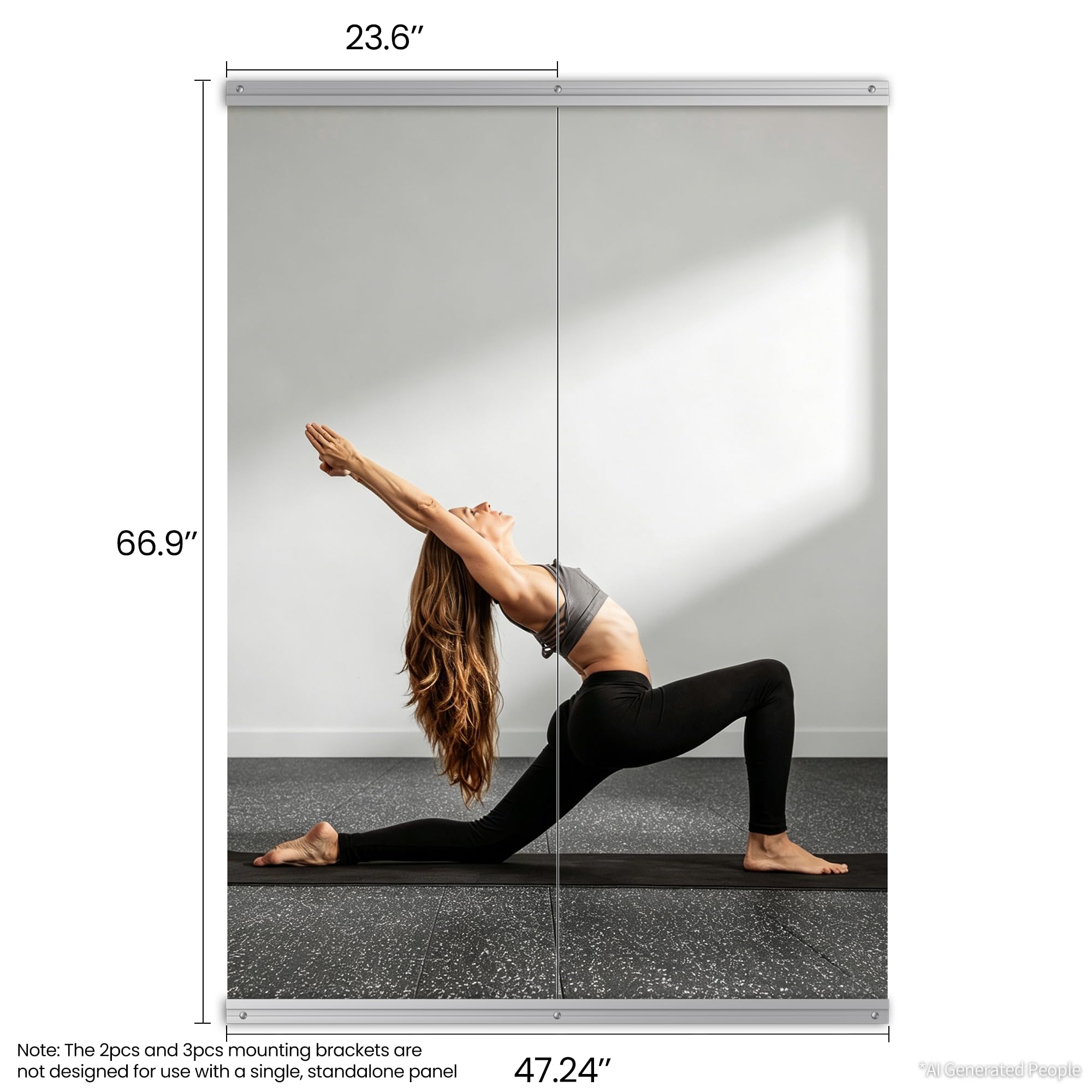 Paquete de 2 espejos grandes de 67 x 24 pulgadas, espejo de pared de vidrio templado sin marco para el hogar, yoga, baile, estudio, sala de estar