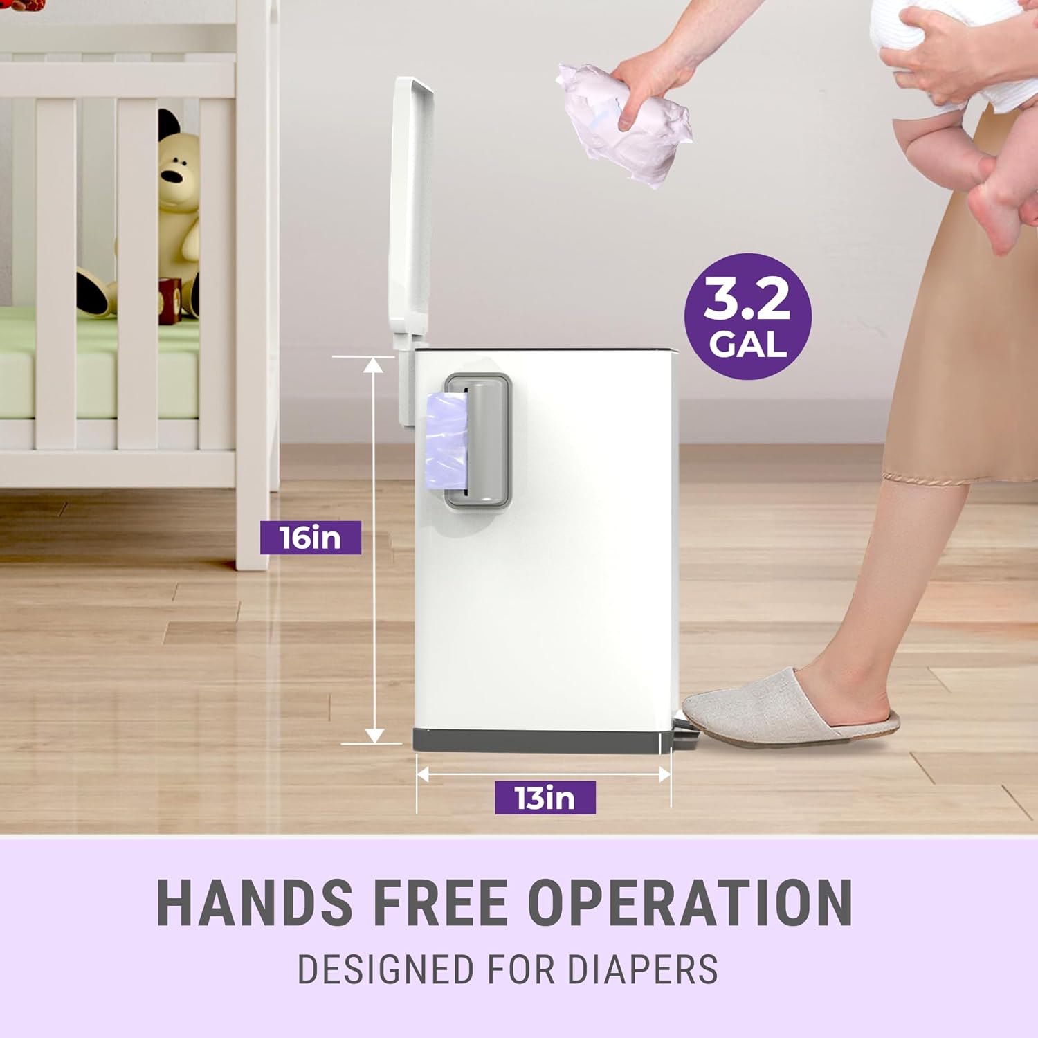 Sliq Baby Diaper Trash Can Odor Control, Small Diaper Pail, 3.2 Gal Baby Trash Can for Diapers, Disposal Bin for Nursery Garbage Pail, Anti Odor Bin with 30 Lavender Scented Refills