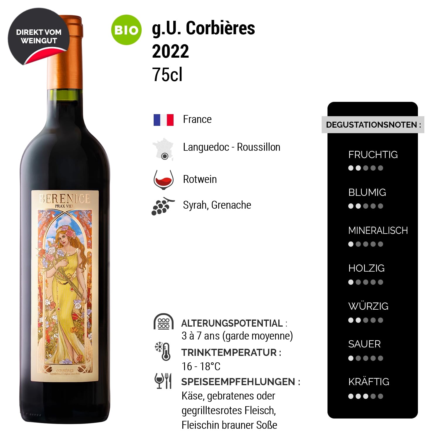 Corbières Berenice Rotwein 2022 - Bio - Domaine de Prax Viel - g.U. - Languedoc - Roussillon Frankreich - Rebsorte Syrah, Grenache - 6x75cl