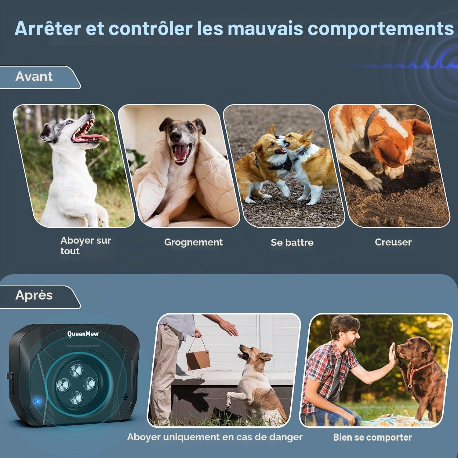 Dispositif Anti Aboiement Chien, 4 Émetteurs des Anti Aboiement Chien Ultrason, Boitier Anti Aboiement Chien de 33 Pieds, Alarme avec 3 Modes de Fréquence Réglables pour Grands et Petits Chiens