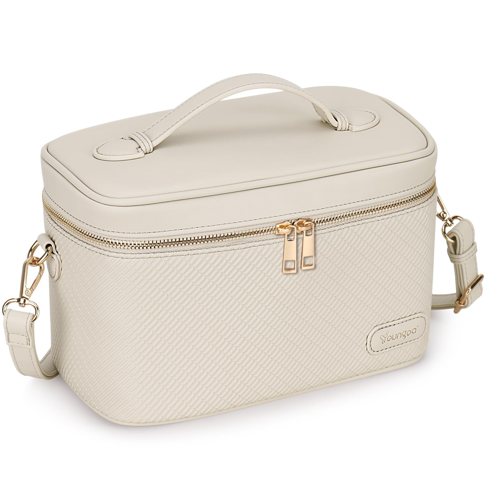 Youngoa Kosmetiktasche Groß für Damen, Leder Reise Make Up Tasche, wasserdichte Kulturtasche mit Herausnehmbarer Trennwand und Schultergurten