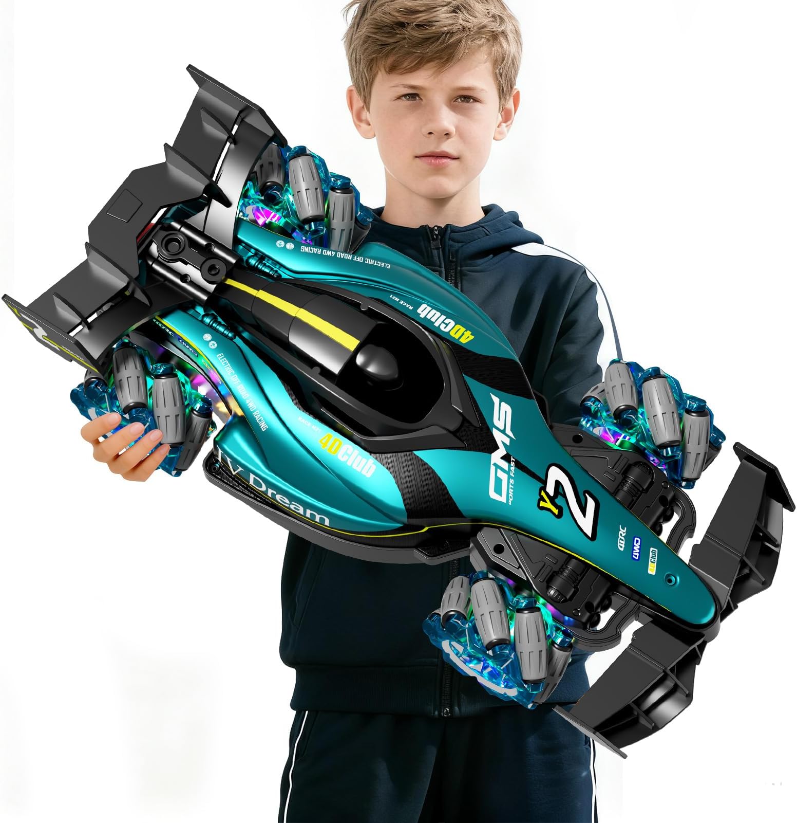 4DRC Y2 Gesture Hand Remote Control Car for Kids Age 6-12 Year Old 2.4GHz 4WD 360°Rotation Drift RC Stunt Car with Light & Music & Spray 1:12 Scale Toy Cars Gift for Boys Girls