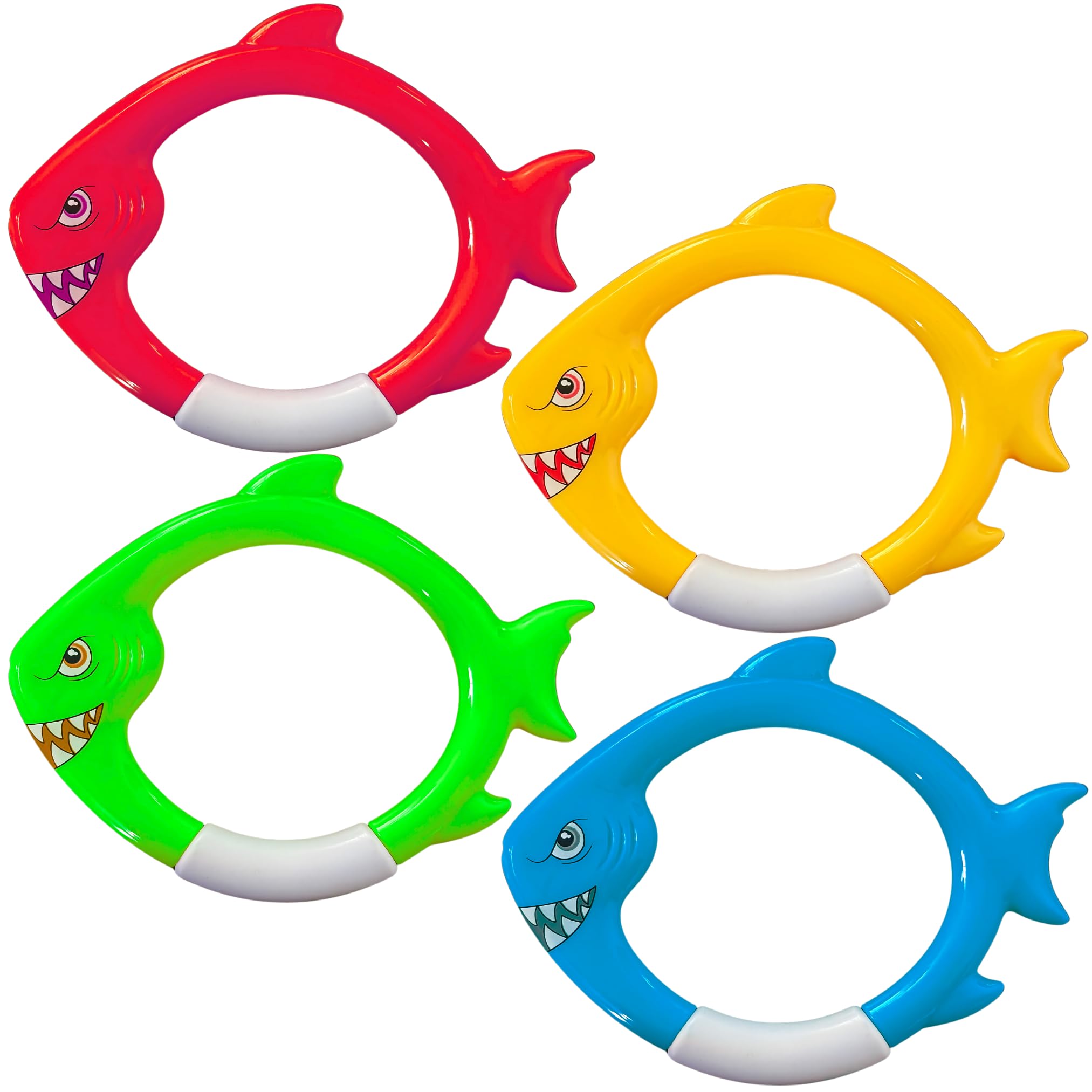 Lot de 4 anneaux de plongée avec requin – Jouets de piscine pour enfants, garçons, garçons et filles, anneaux de poissons sous-marins colorés pour jeux de piscine, entraînement à la natation, jeux de