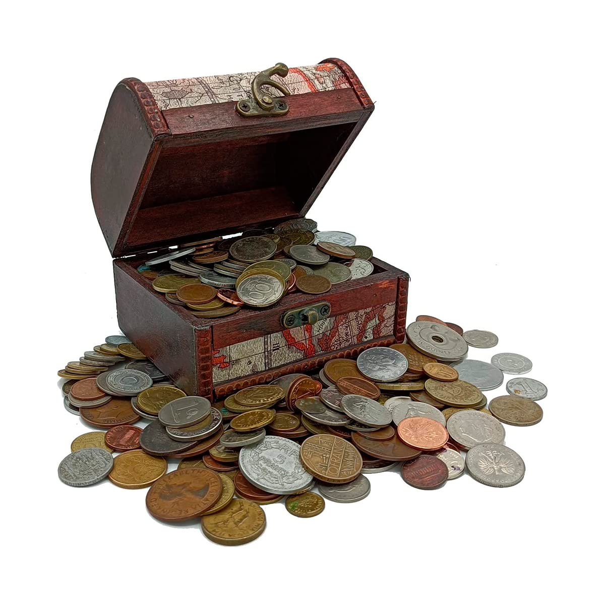 IMPACTO COLECCIONABLES | 1 kg de Monedas del Mundo Auténticas en Cofre de Madera – Gran Variedad de Monedas Antiguas para Ampliar tu Colección – Incluye Certificado de Autenticidad