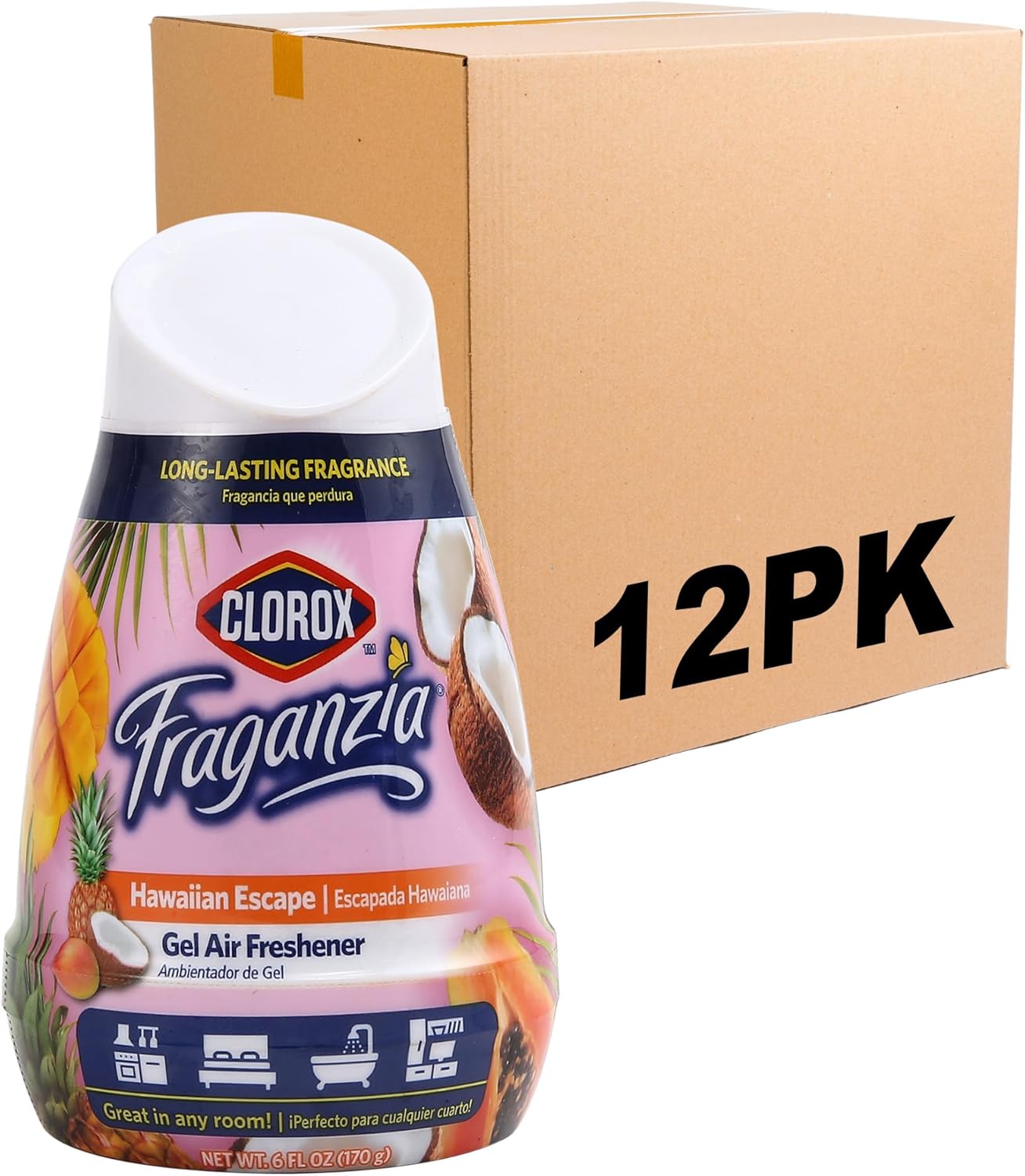 Clorox Fraganzia Gel Air Freshener Cone, Hawaiian Escape Scent - No-Plug, Battery-Free Air Freshener for Small Rooms, Closets, Kitchens, Bathrooms, Offices and More, 6 Ounce - 12 Pack