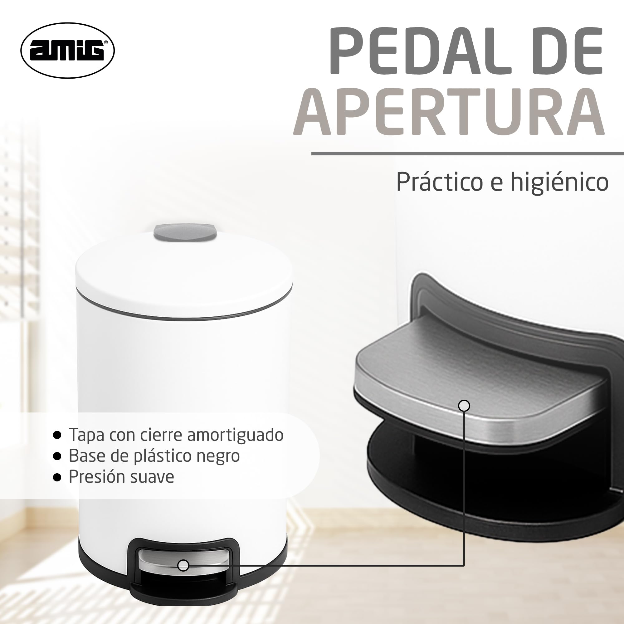 Amig - Cubo de Basura para Baño con Pedal 3 Litros Mod. Tacto - Color Blanco - Apertura Higiénica sin Manos - Ø16,8 x 25,5 cm - Acero Inoxidable Lacado - Papelera Redonda con Cubo Interior Removible