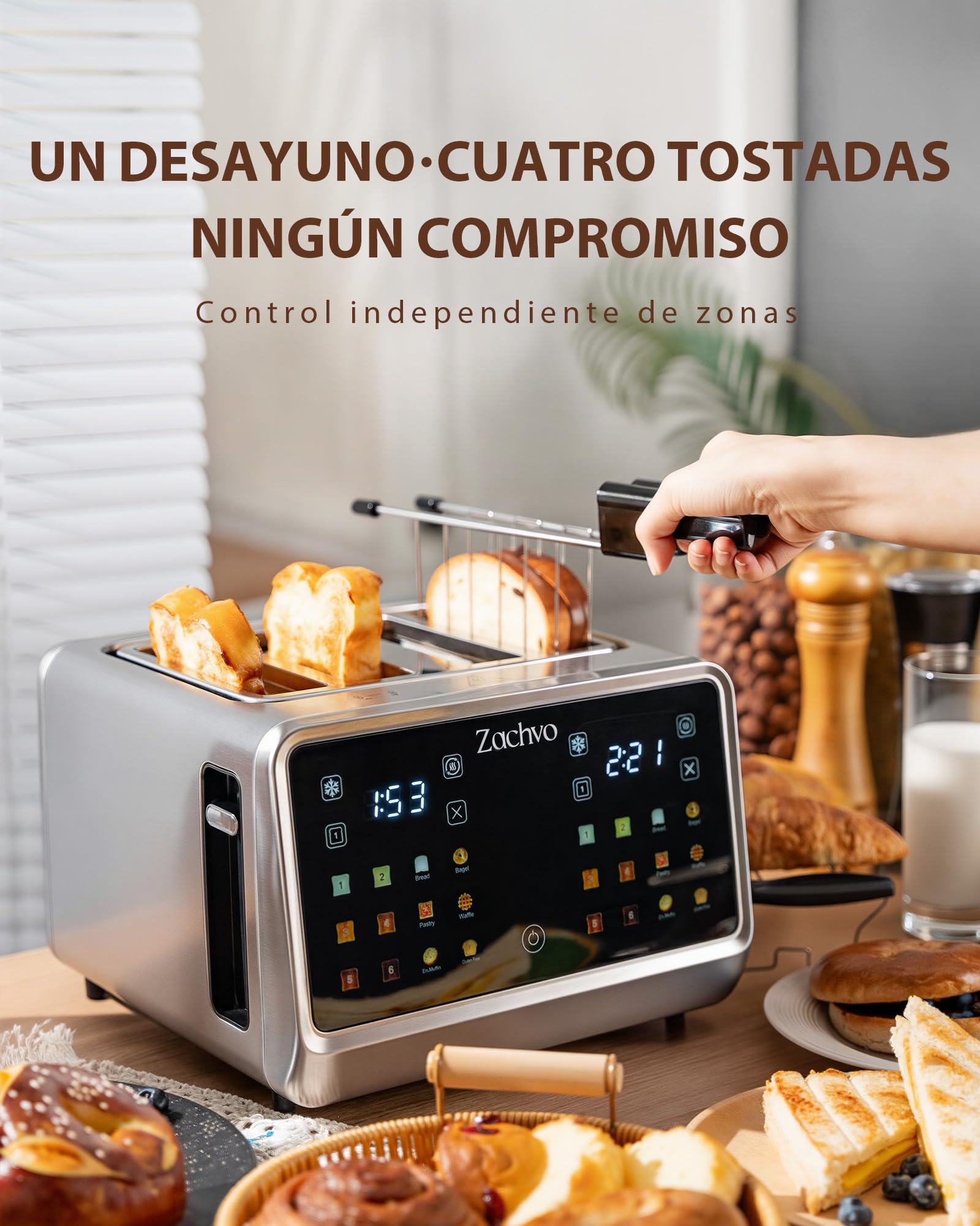 Tostadora de 4 rebanadas con pantalla táctil y cuenta regresiva – tostador largo de acero inoxidable con 2 zonas de temperatura independientes, ranuras extra anchas de 3,7 cm, 6 programas