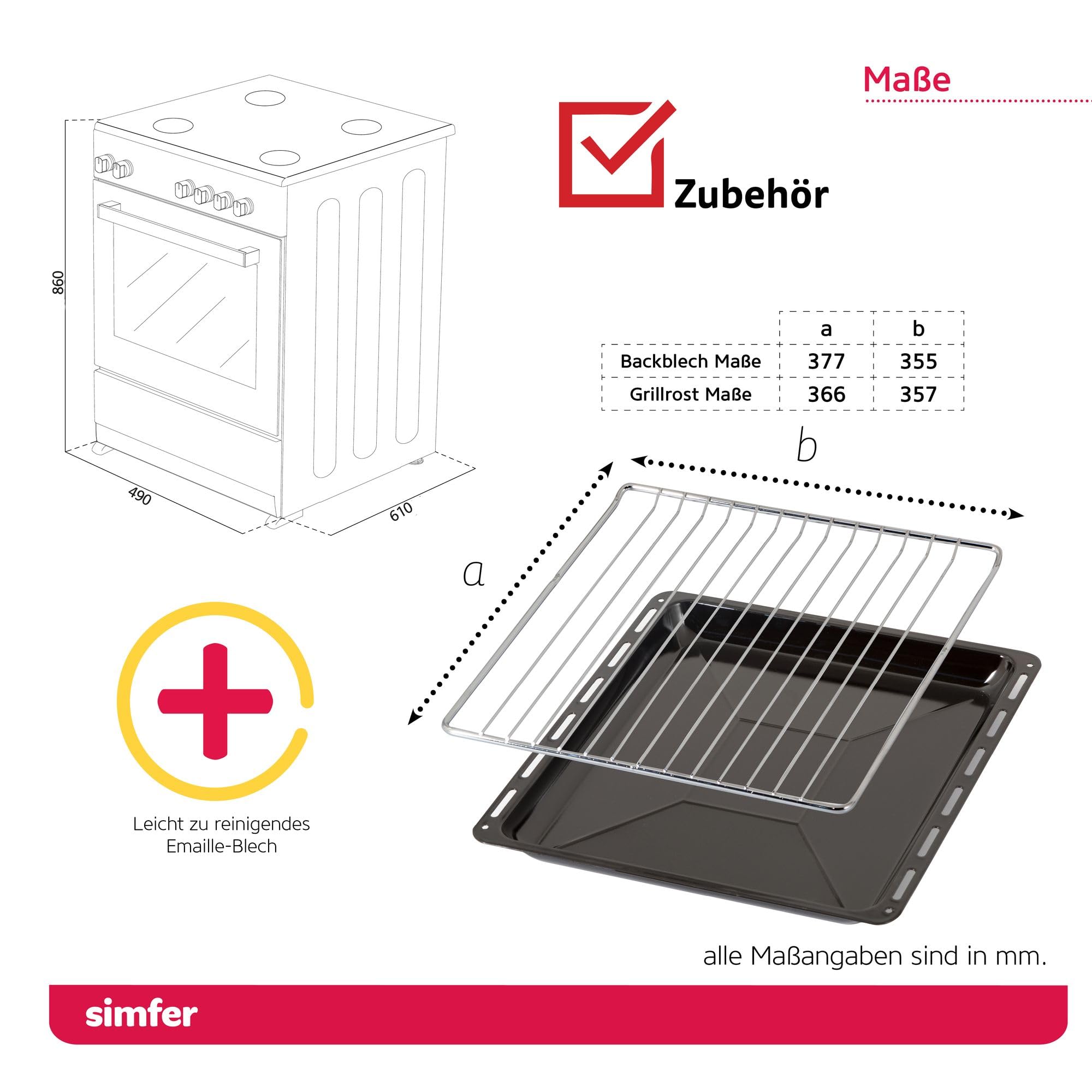 Simfer Standherd 50 cm mit Glaskeramikkochfeld FS 424947 LiterZweikreis & Bräterzone4 Hilight-Zonen Grillfunktion Umluft Teleskopauszug Geschirr wagen Digitaler TimerSeitengitter Gray