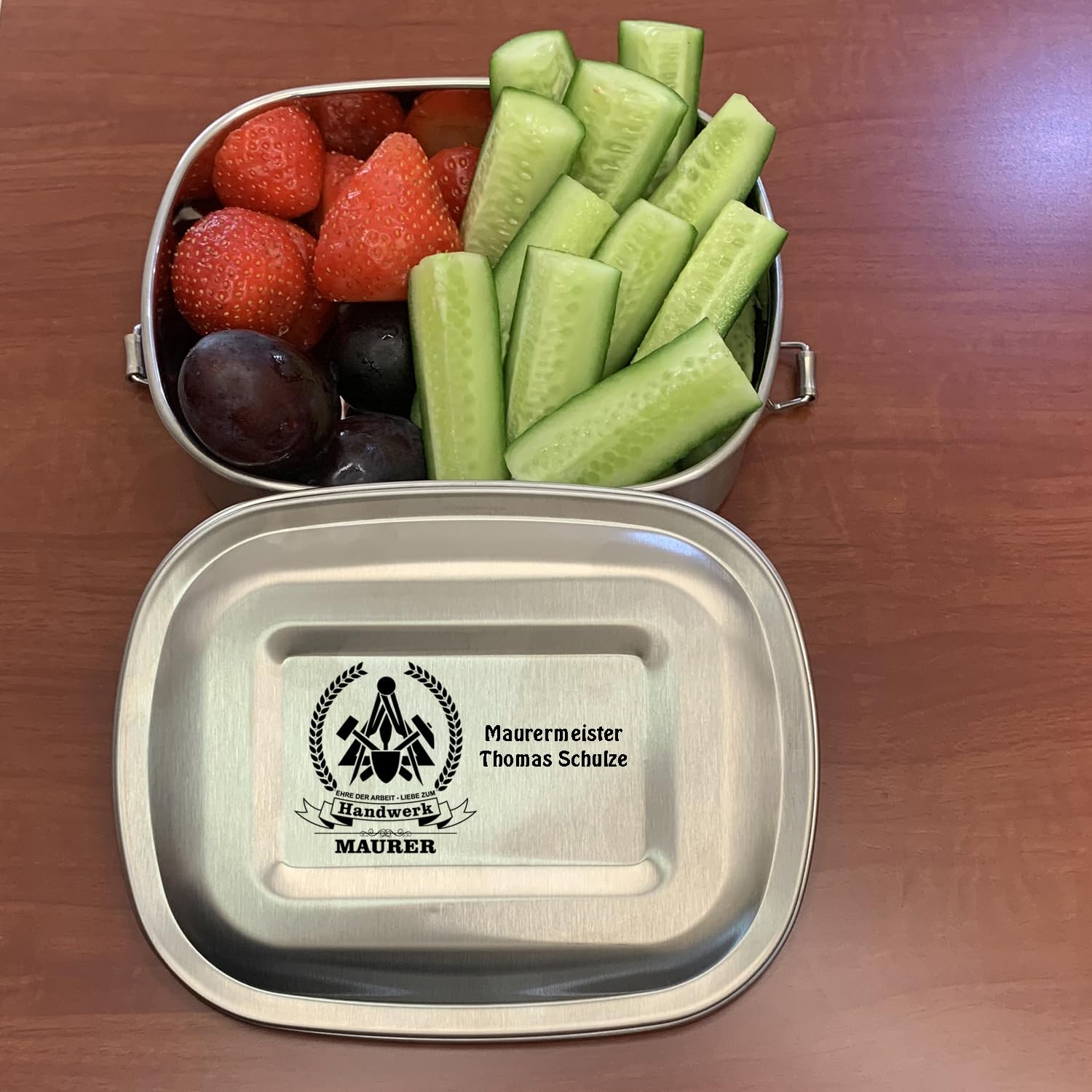 Edelstahl Brotdose Lunchbox Erwachsene mit Gravur Zunftsymbol Maurer und Wunschgravur Dein Name personalisiert in 3 Größen auch als Set (Lunchbox Maurer Set (kleine und große Dose))
