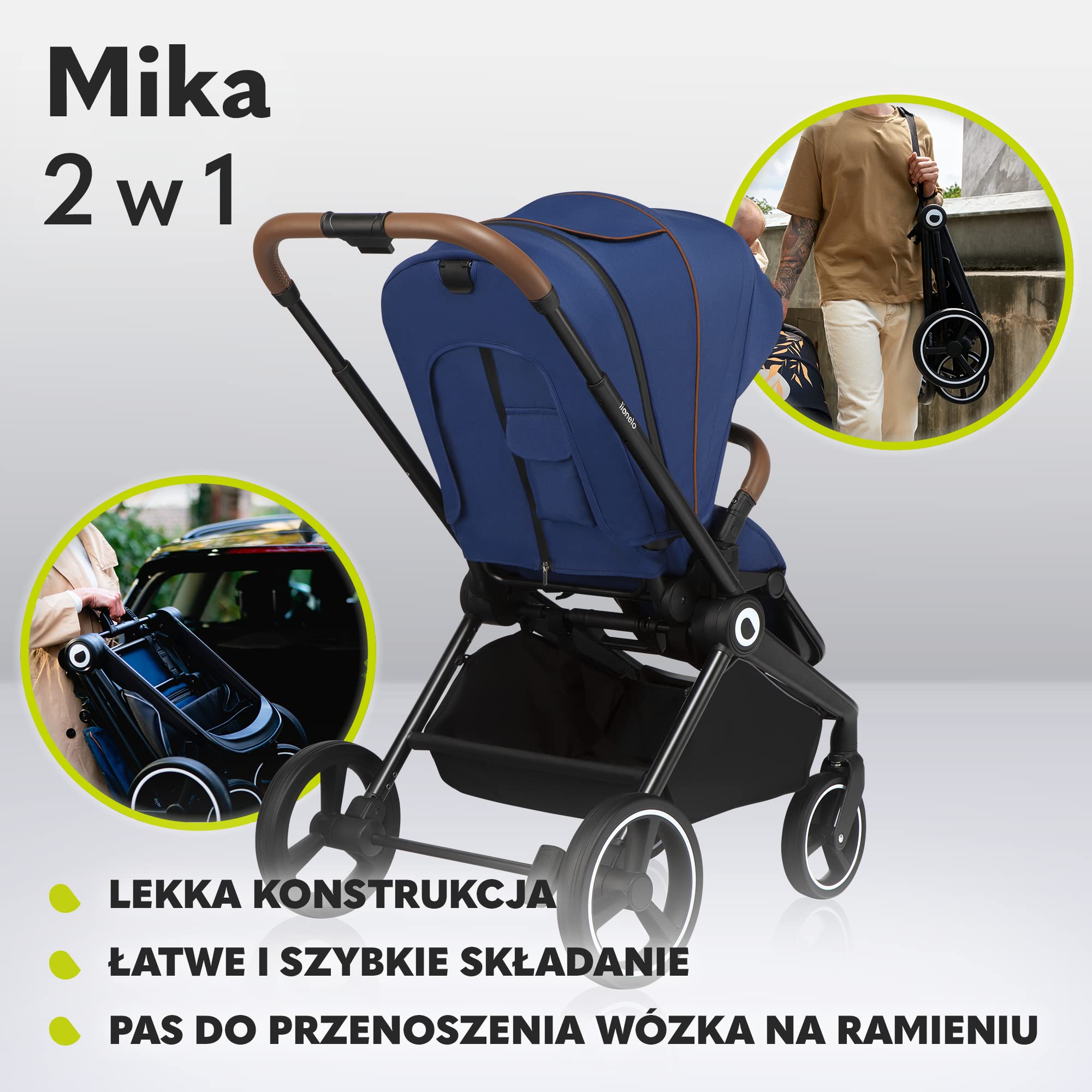 LIONELO Mika wózek 2w1, gondola, wózek spacerowy, spacerówka, folia przeciwdeszczowa, pas transportowy na ramię, materac, moskitiera, osłona na nóżki, wodoodporny materiał, gumowe koła (NIEBIESKI)