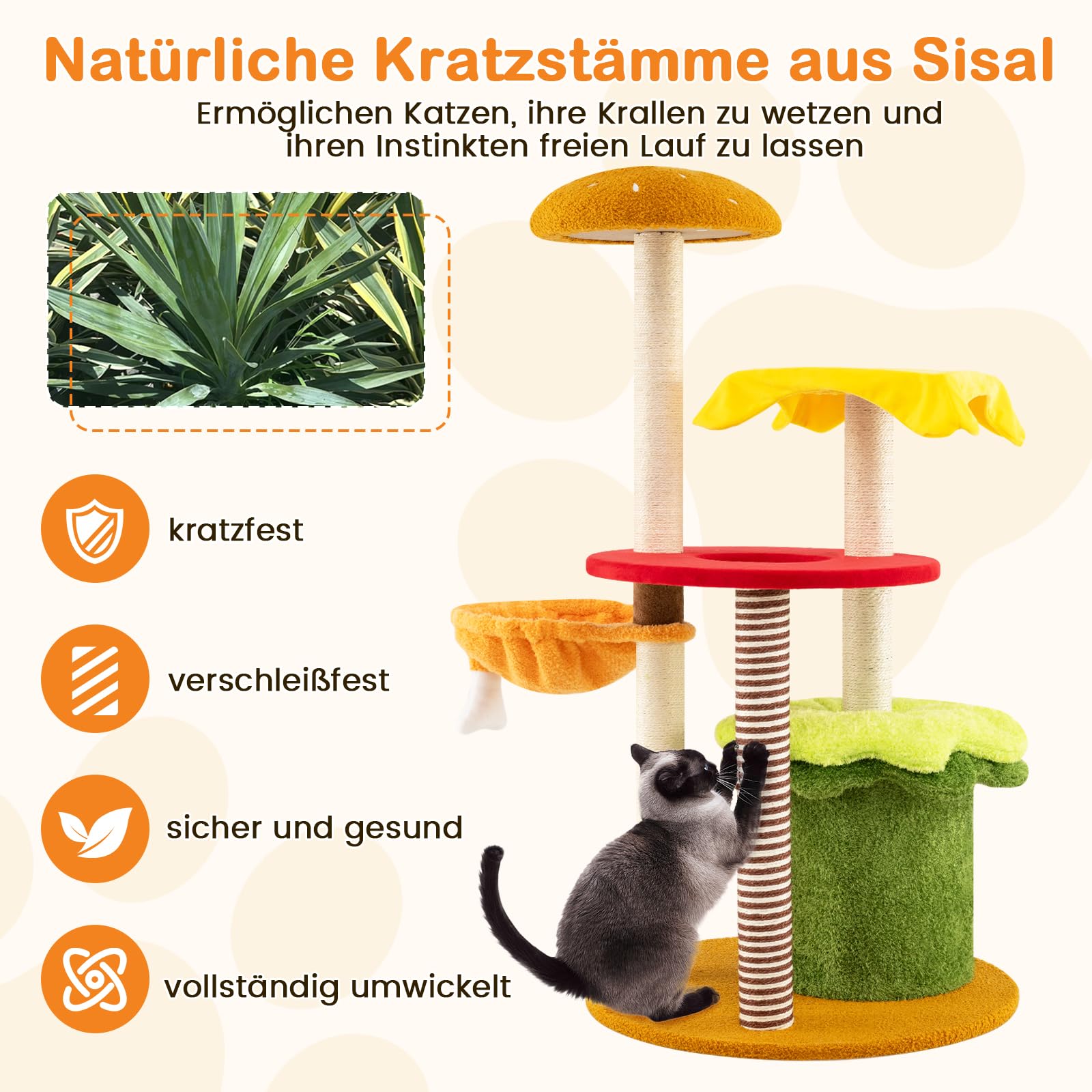 COSTWAY Drapak, motyw hamburgera, drzewko dla kota z koszem jako łóżko, sizalowa deska do drapania, jaskinia dla kota i platformy, miękkie drzewko do wspinaczki, meble dla kotów, drapak dla kotów