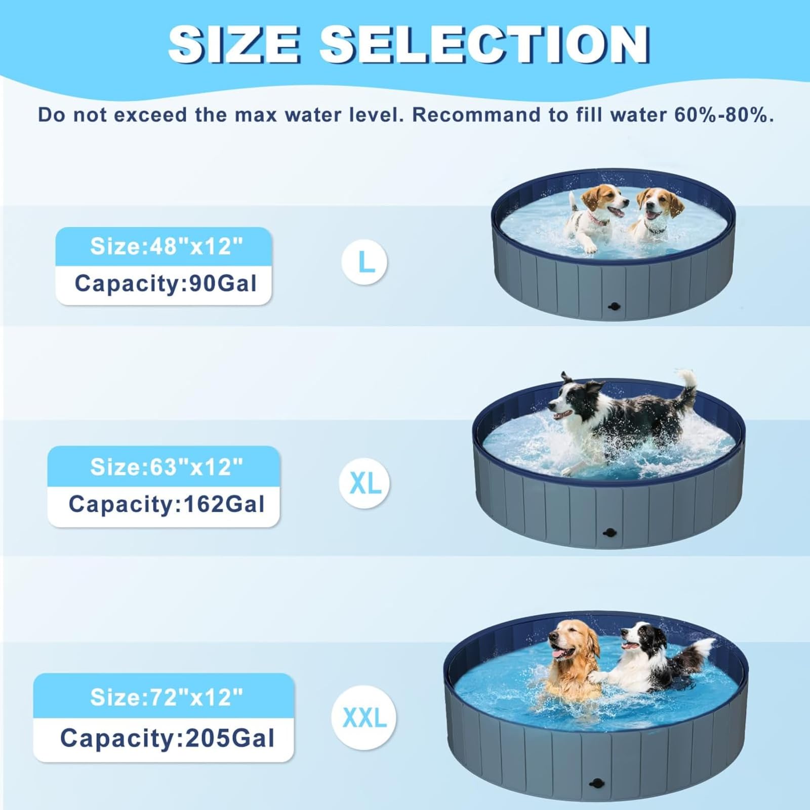 Piscina de perro grande portátil gris, bañera de plástico duro plegable con base antideslizante.Caja de Whelping de 63 pulgadas de ancho y pozo de bola.Bañera plegable al aire libre para mascotas en e