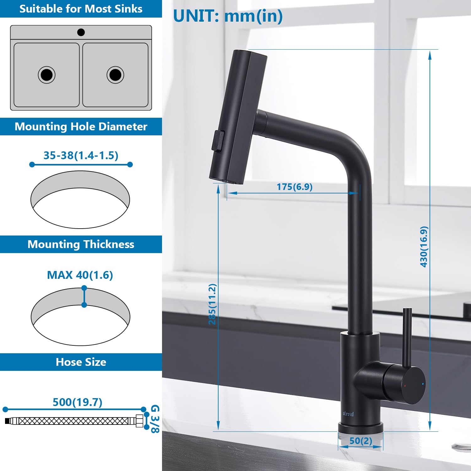 Grifo Cocina Negro Extraible, Grifo Cocina en Cascada con 3 Modos de Ajuste, Giratorio a 360° Mezclador Monomando Fregadero con Caño Alto, Acero Inoxidable, Agua Frío y Caliente Regulable