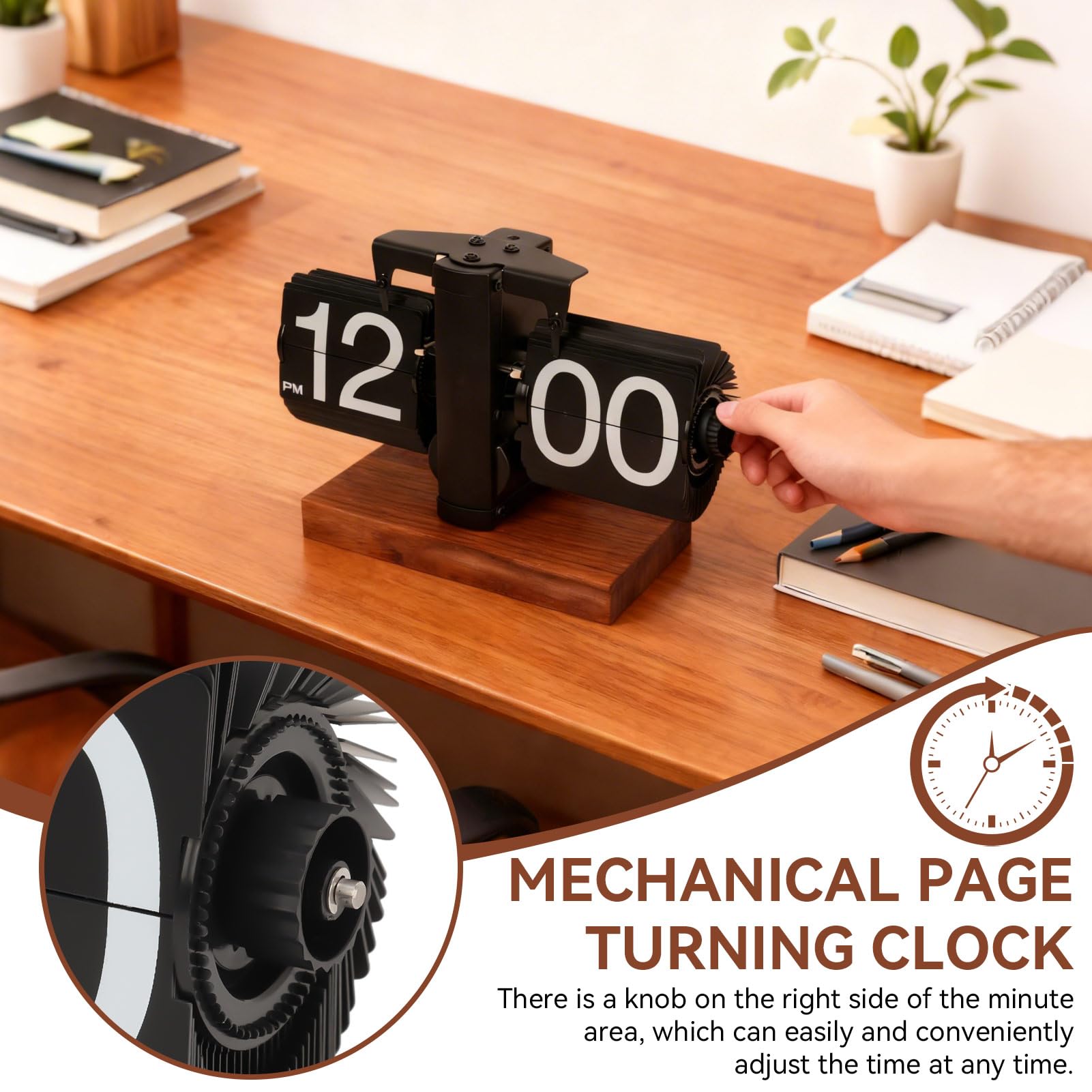 HERCHR Reloj con Tapa, Reloj De Escritorio con Tapa Retro, Reloj Mecánico Digital con Tapa hacia Abajo, Reloj De Mesa con Tapa Automática, Reloj Mecánico con Pilas para Decoración De(Negro Mate)