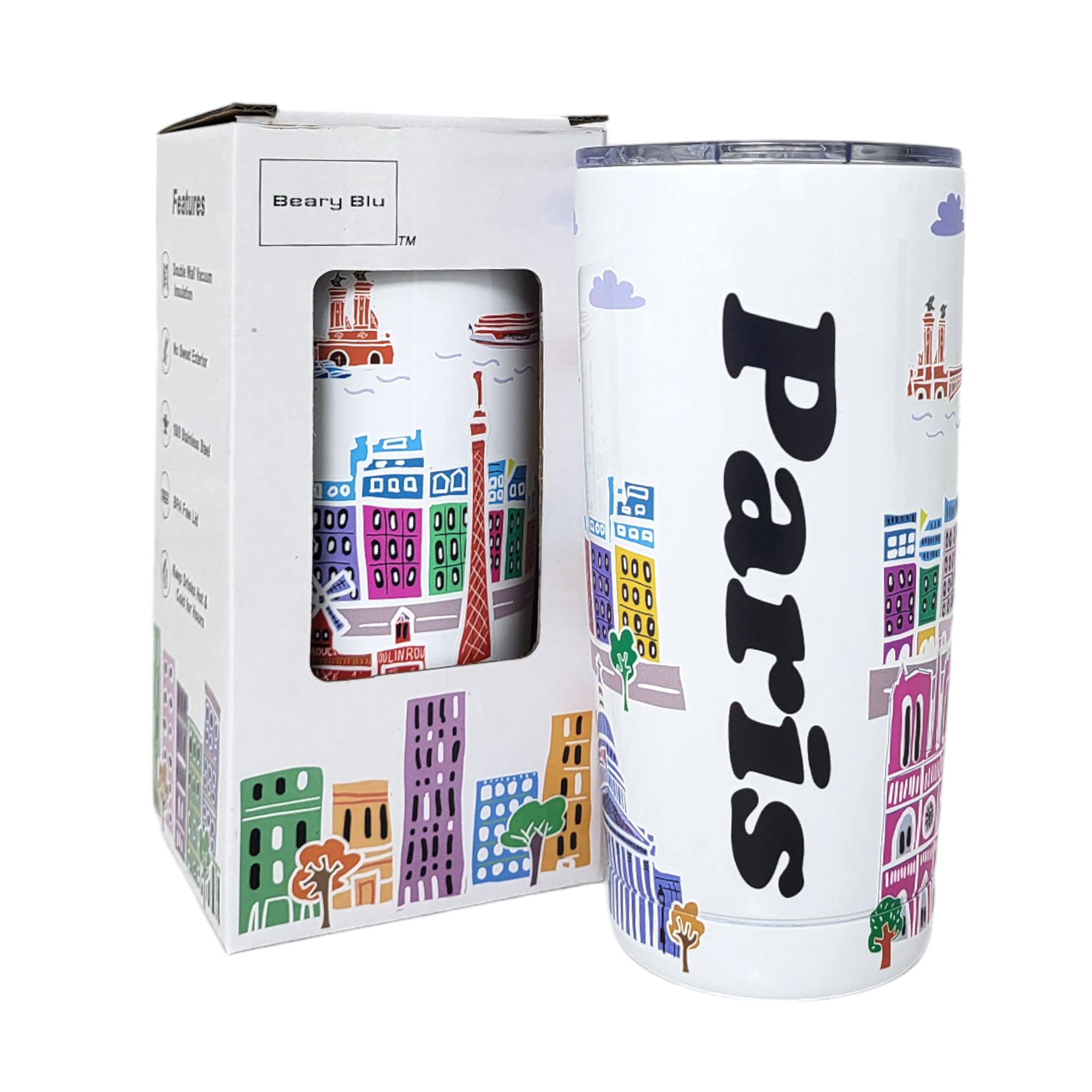 Beary Blu City Themed Artwork Tumbler Collection - Designed in the USA - 20oz Vacuum Insulated Tumbler with Lids - Stainless Steel Coffee Travel Mug