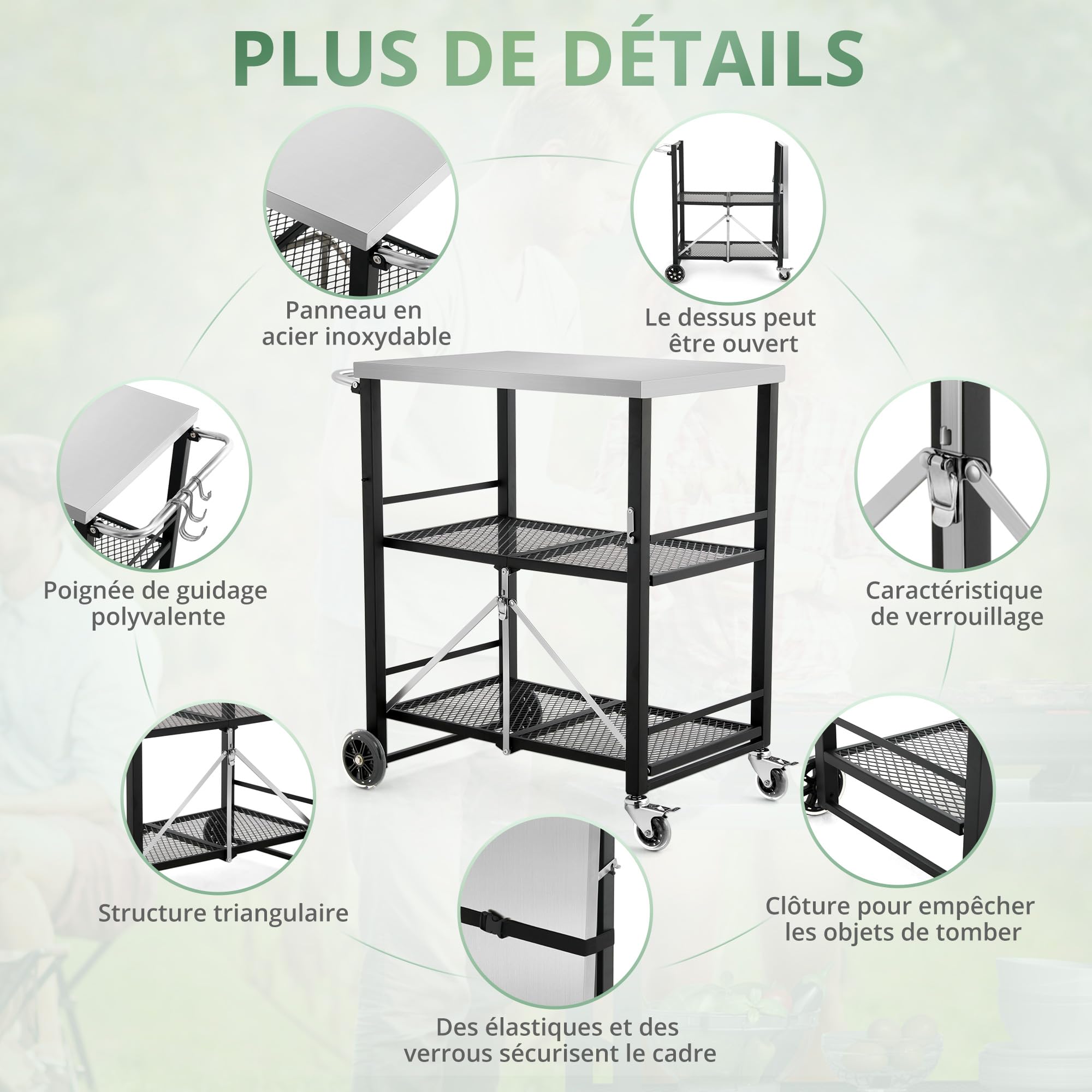 LUE BONA Desserte Jardin,Chariot de Barbecue 2 Niveaux,Desserte Extérieur pour Barbecue avec 4 roulettes Verrouillables e Crochets pour BBQ,Four a Pizza,70 x 47 x 86 cm,Nero