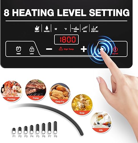 Miniatura 5 de VBGK Cocina eléctrica de un solo quemador, estufa eléctrica de 1800 W, control táctil LED portátil, 8 niveles de potencia, bloqueo para niños