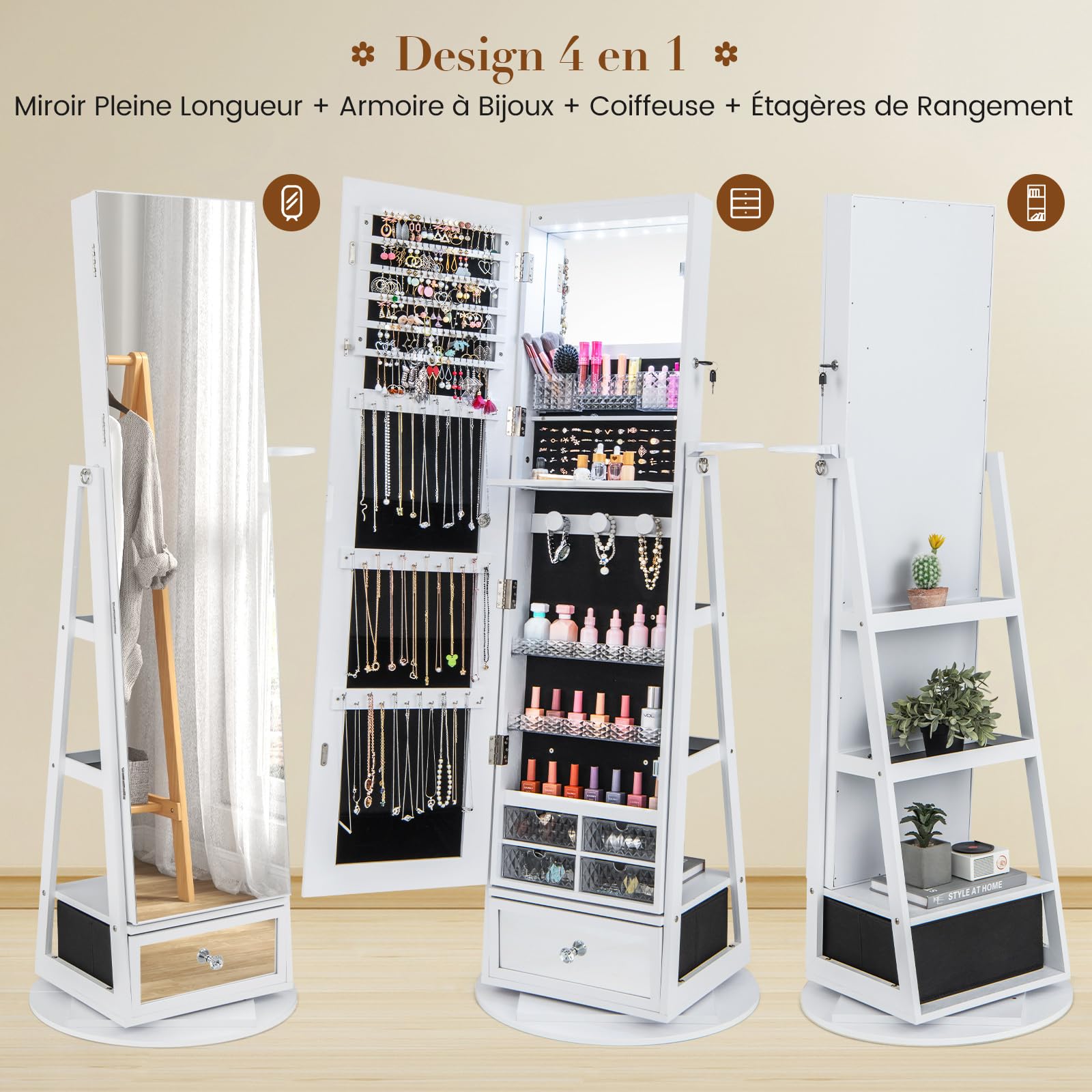 COSTWAY Armoire à Bijoux avec Miroir sur Pieds, Pivotant 360°, Lumières LED, Miroir Psyché sans Cadre, Verrouillable, Support pour Sèche-Cheveux, Étagères à l’Arrière, Grand Tiroir, Blanc