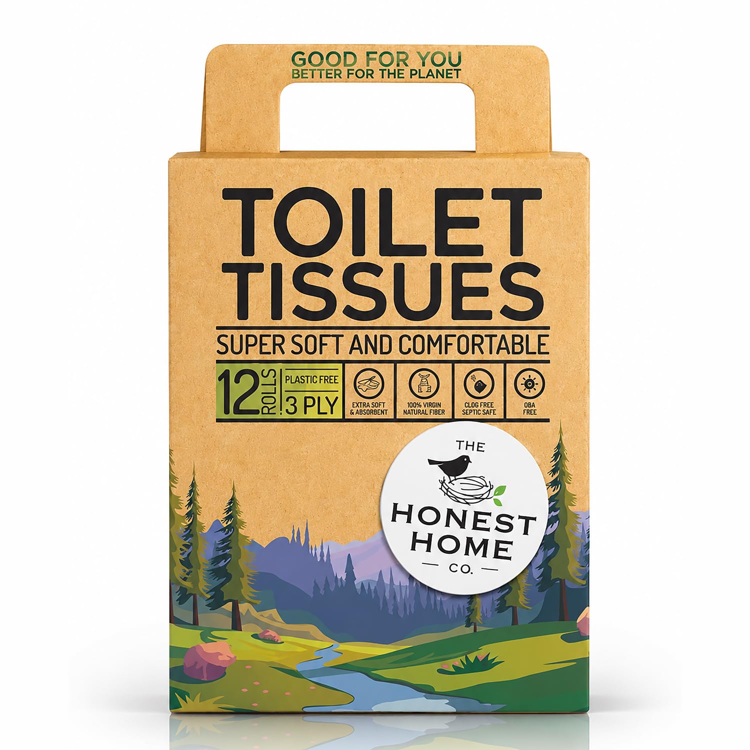 honest home 3 ply toilet tissue paper rolls | 1920 pulls | 160 pulls x 12 rolls | 100% virgin pulp | super soft toilet roll | clog-free