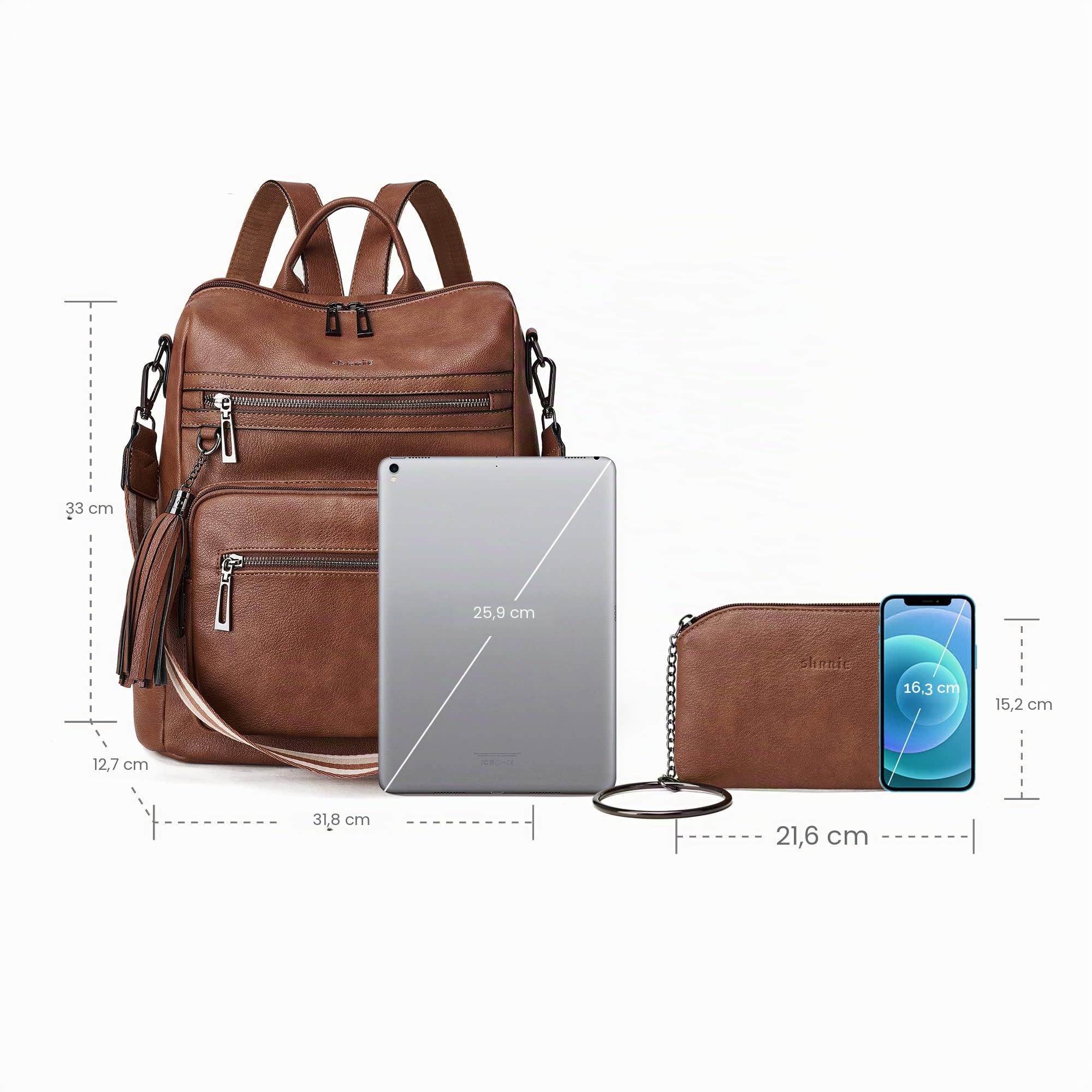 Shrrie Rucksack Damen,Cityrucksack Reiserucksack,PU Lederrucksack Handtasche Rucksack Damen Wasserdicht mit Geldbörse für Freizeit,Büro,Pendeln,Arbeit,Daypack-Ölwachsbraun