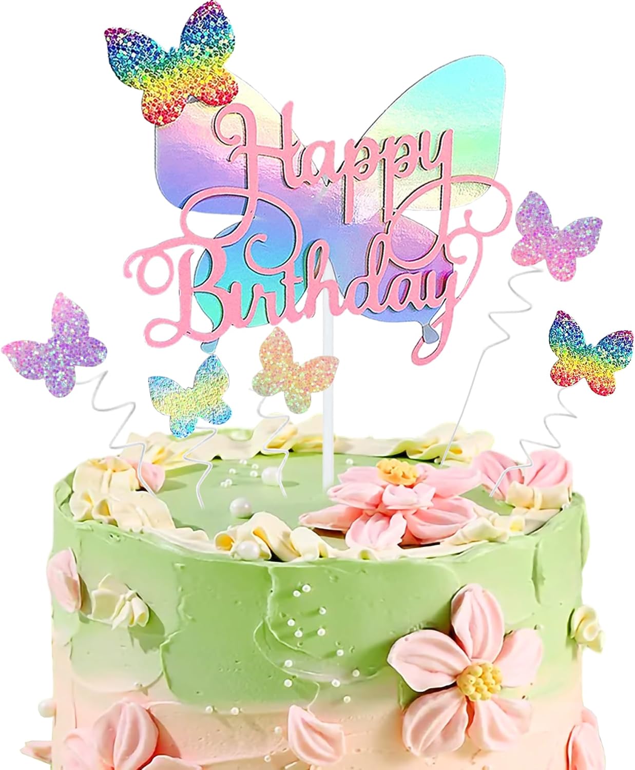 Happy Birthday Cake Topper, 6Pcs Glitter Gradient Colour Butterfly Cake Decoration Suitable for celebrating a birthday party Anniversary themed party Cake Decoration Supplies -Pink
