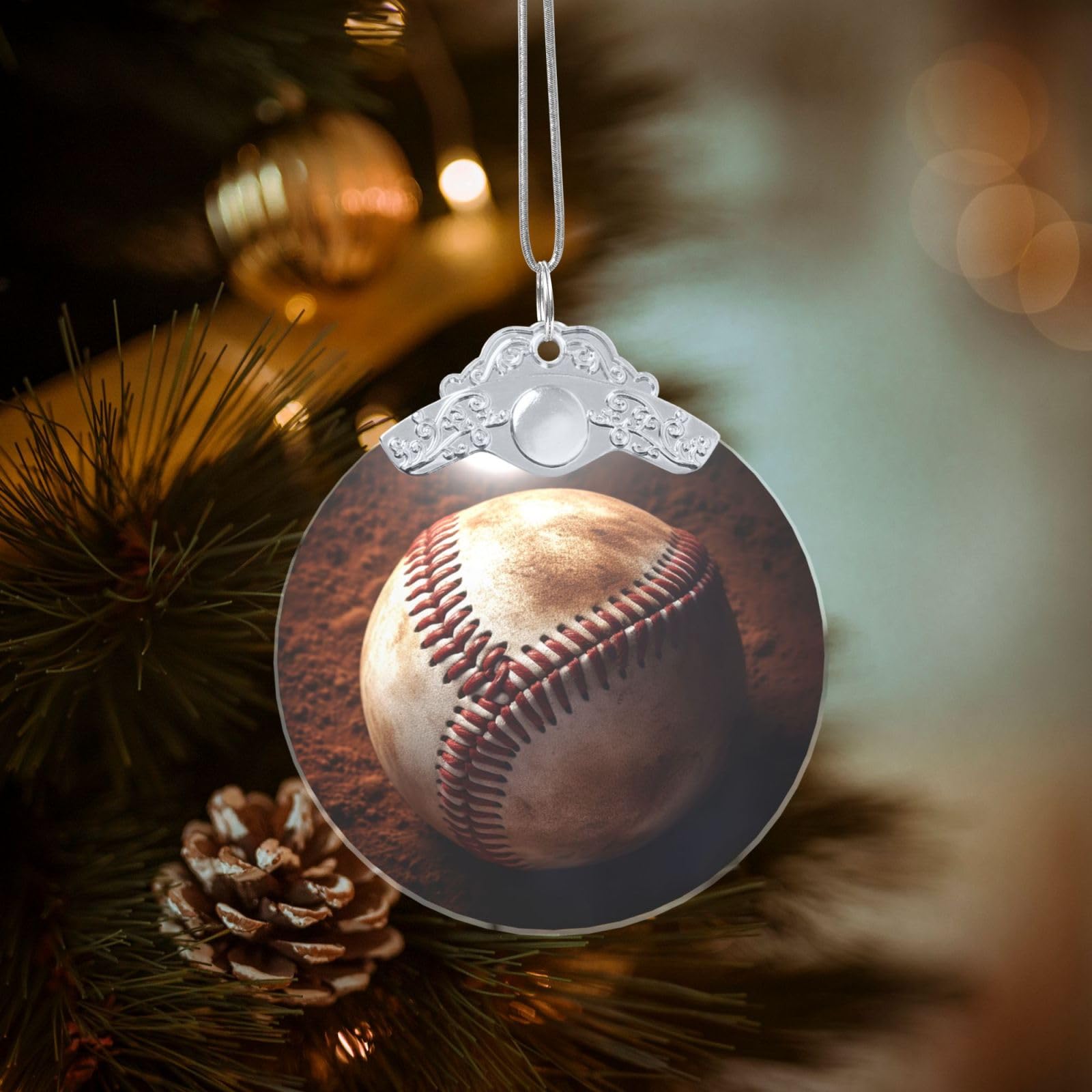 Crystal Christmas Ornaments for Christmas Tree Decoration Hanging Baseball Ornament with Gold Ribbon Crafts Round Pendant for Keepsake Gifts Glass Xmas Decor Party Supplies