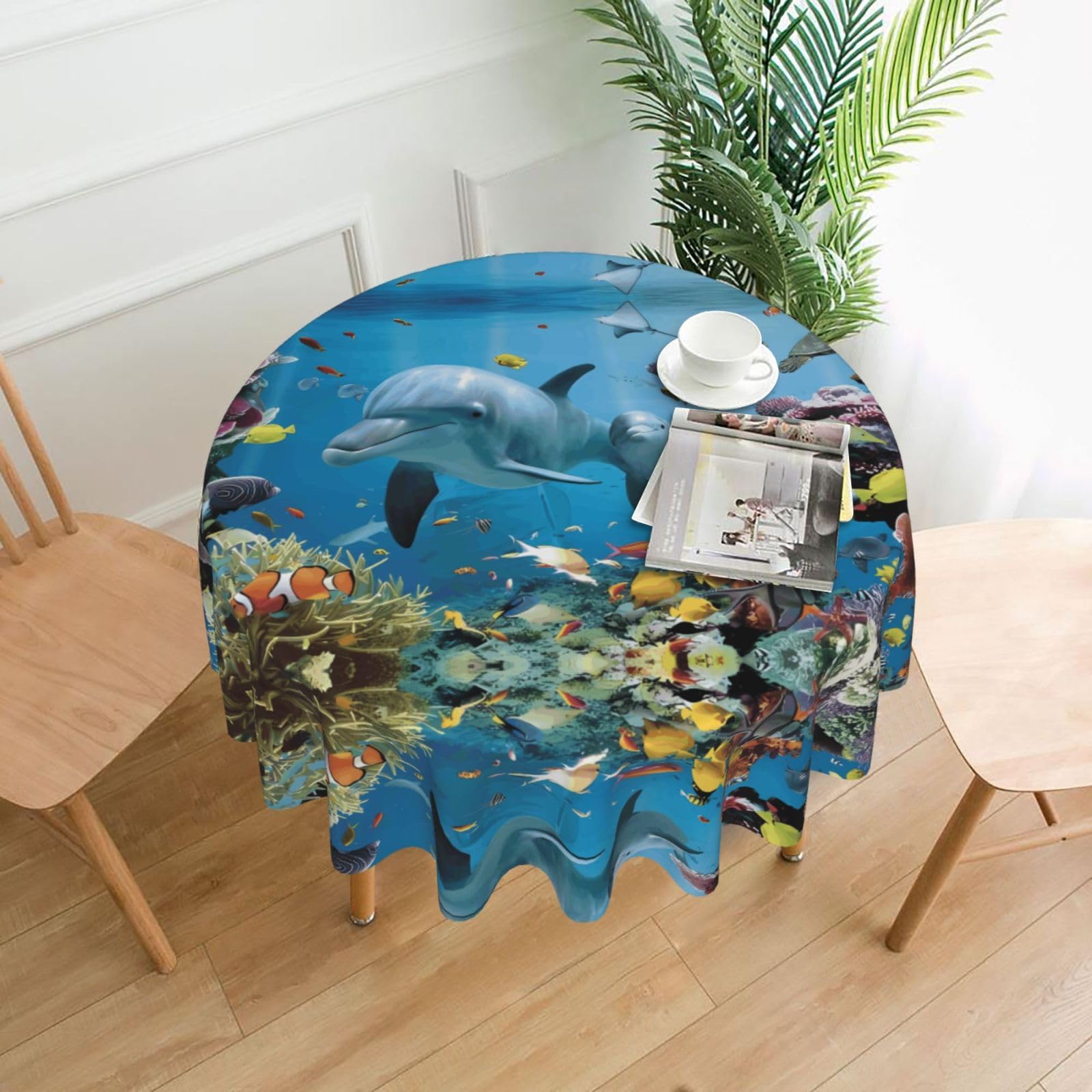 WHJSSF Ocean Dolphin Looking at You Prints Round Decorative Tablecloth 60in - Elevate Your Dining Experience with a Stylish & Protective Table Throw